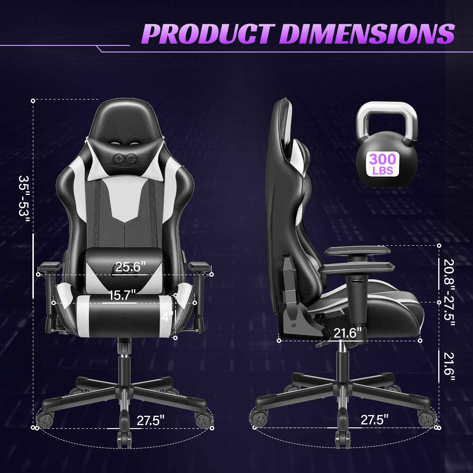Gamingstuhl mit Maßen: Höhe 35-53", Breite 25.6", Tiefe 15.7".