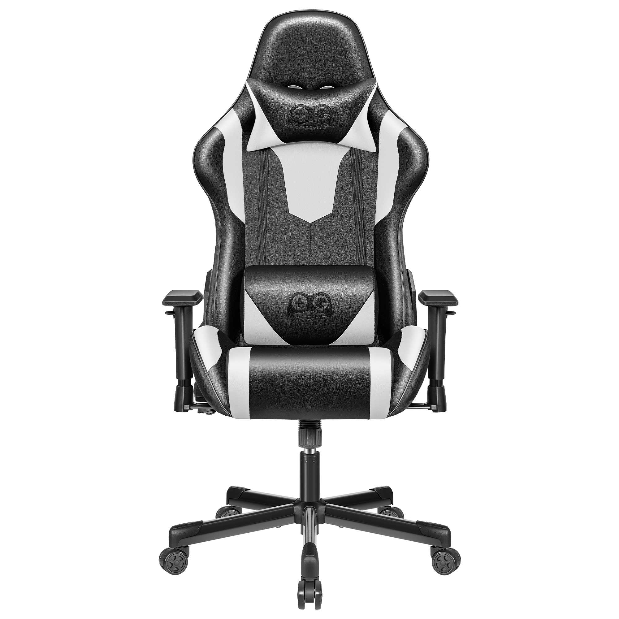 Schwarzer und weißer Gaming-Stuhl mit Logo auf Kopfstütze und Lendenkissen.