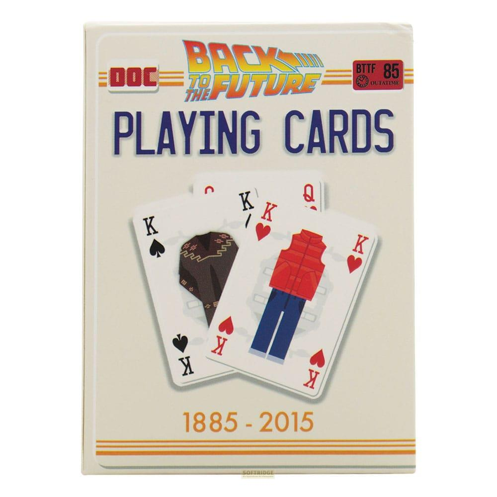 Back to the Future Spielkarten-Box mit Pokerkarten-Abbildungen und Jahreszahlen.
