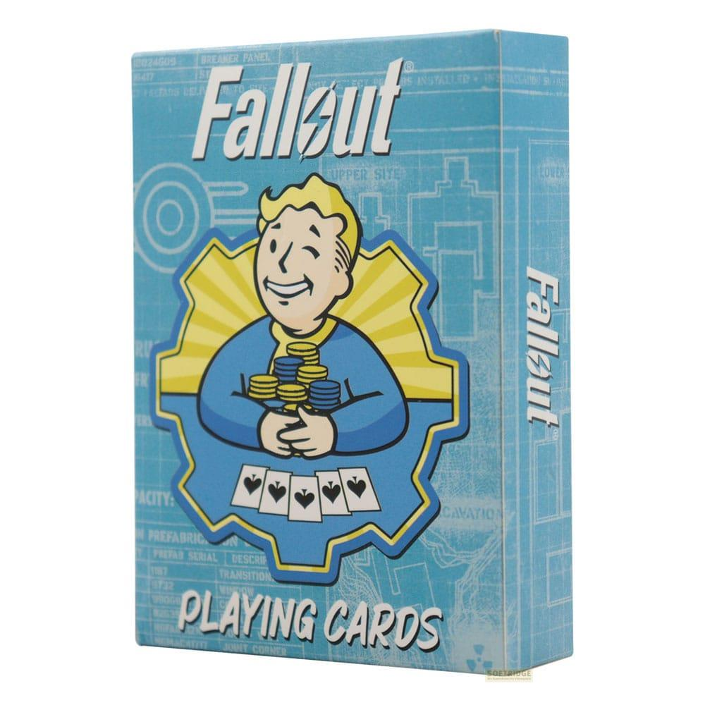Fallout Spielkartenbox mit Vault Boy, der Chips hält.