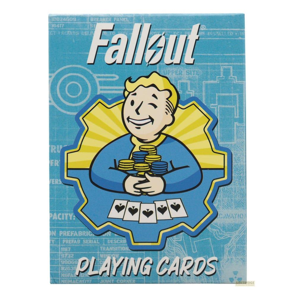 Vault Boy hält Karten und Münzen vor einem technischen Bauplan.