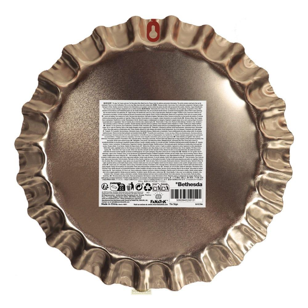 Rückseite einer runden, goldenen Metallflasche mit Informationen und Symbolen.