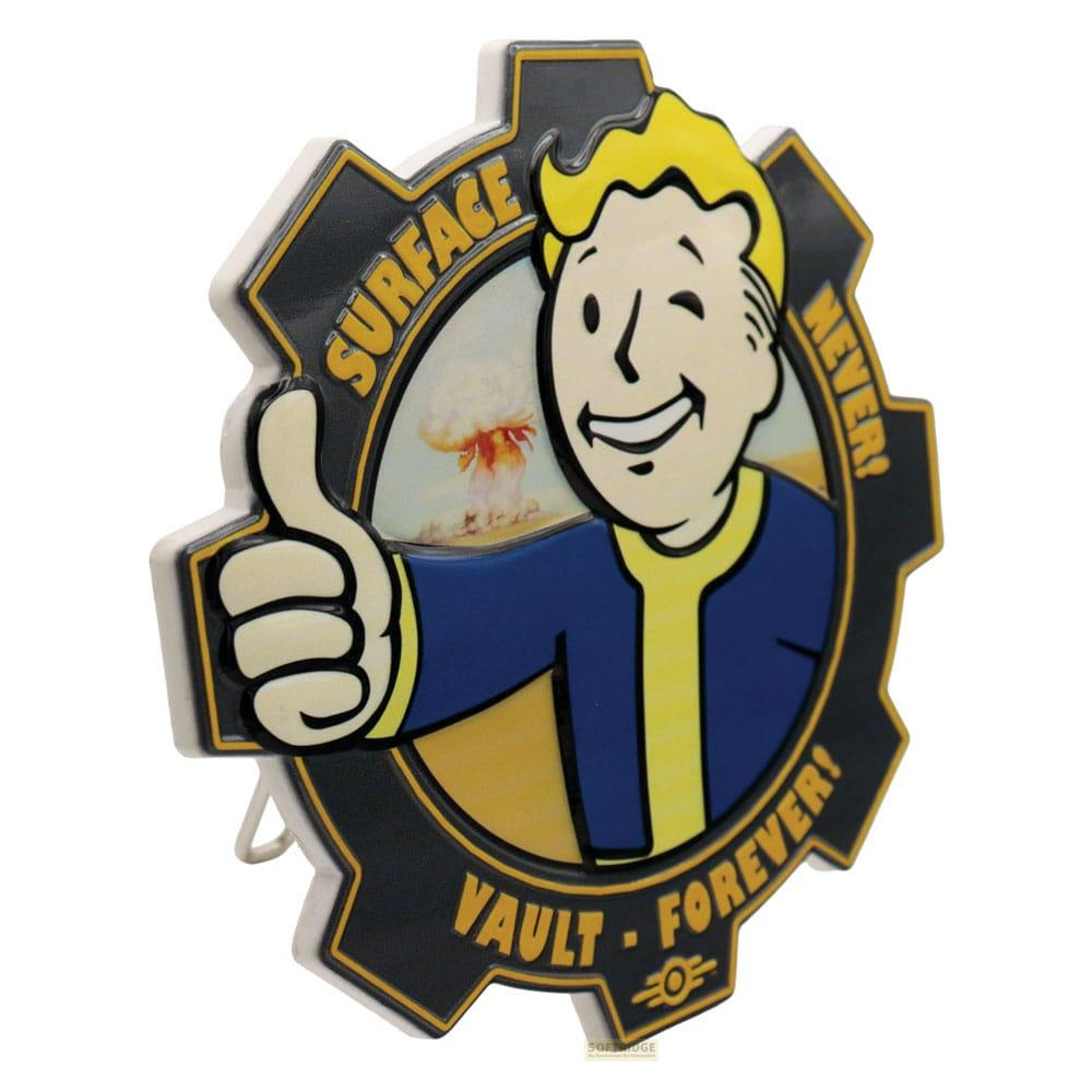 Vault Boy mit Daumen hoch, im Hintergrund eine Atombombe. 'Surface Never! Vault Forever!'