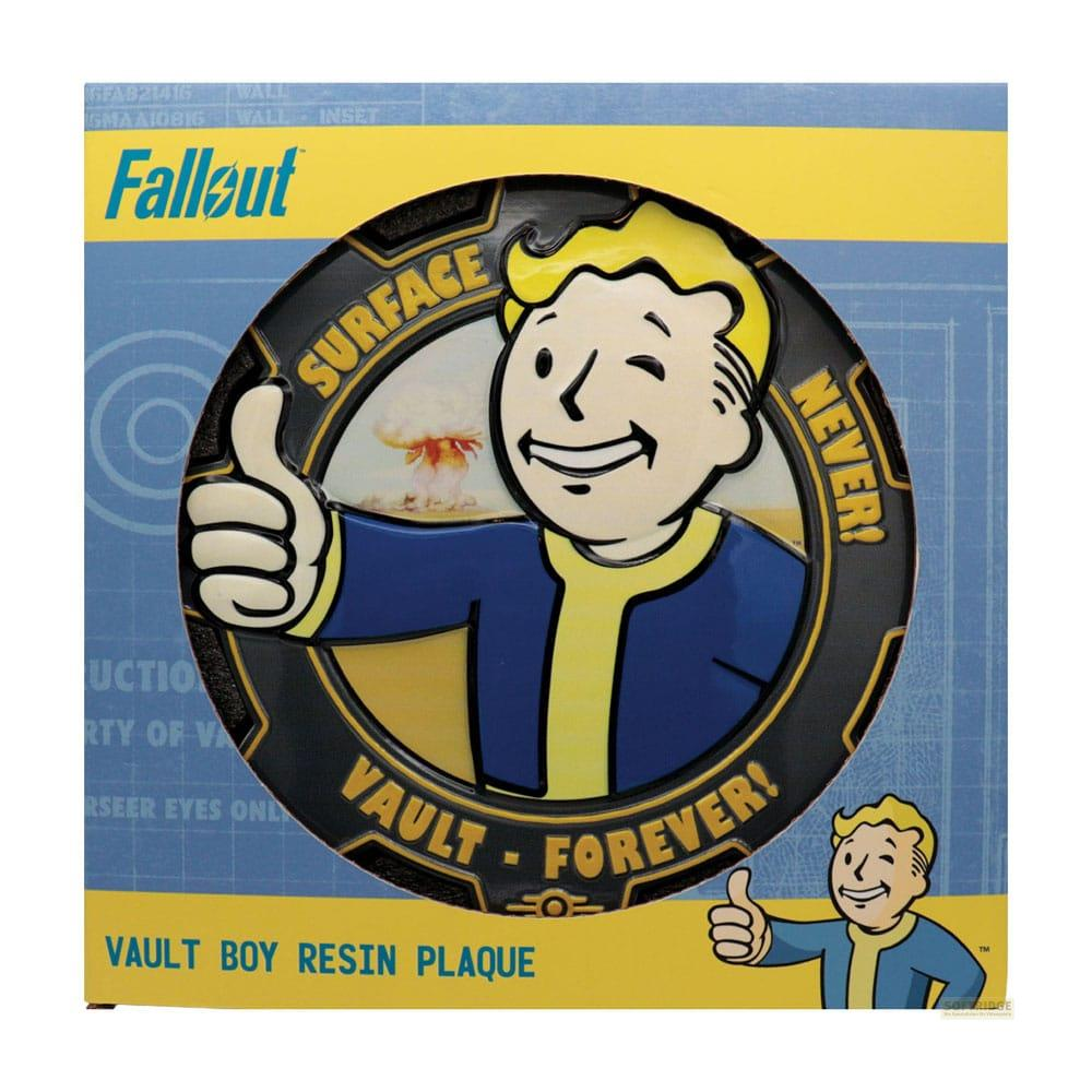 Fallout Vault Boy Plaque mit Daumen hoch und Atompilz im Hintergrund.