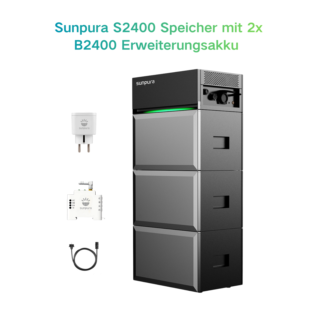 Ein Sunpura Speicher mit Zubehör: Stecker, ein kleines Gerät und Kabel.