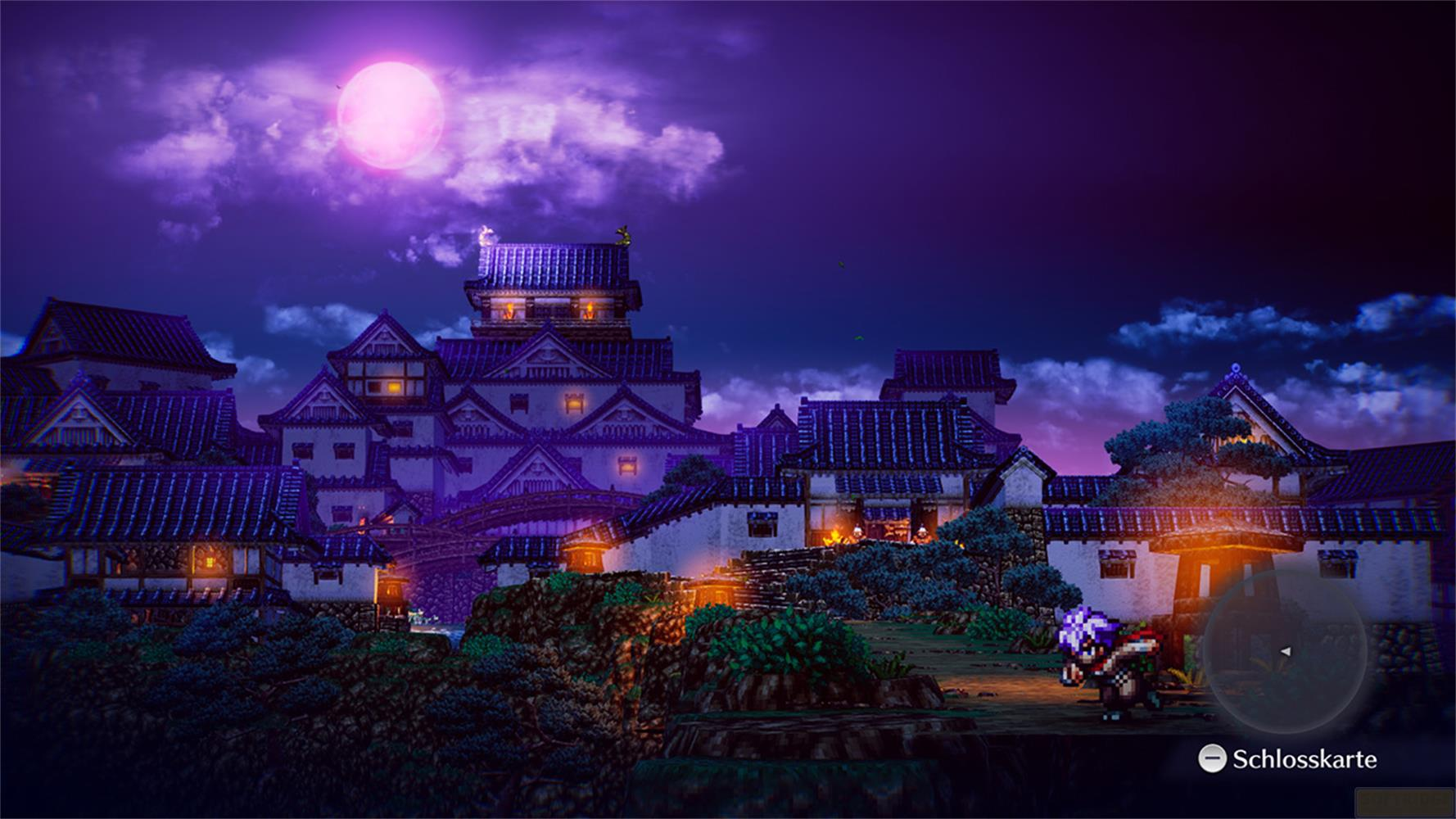 Eine japanische Burg bei Nacht unter einem rosa Mond. Ein Charakter steht rechts.