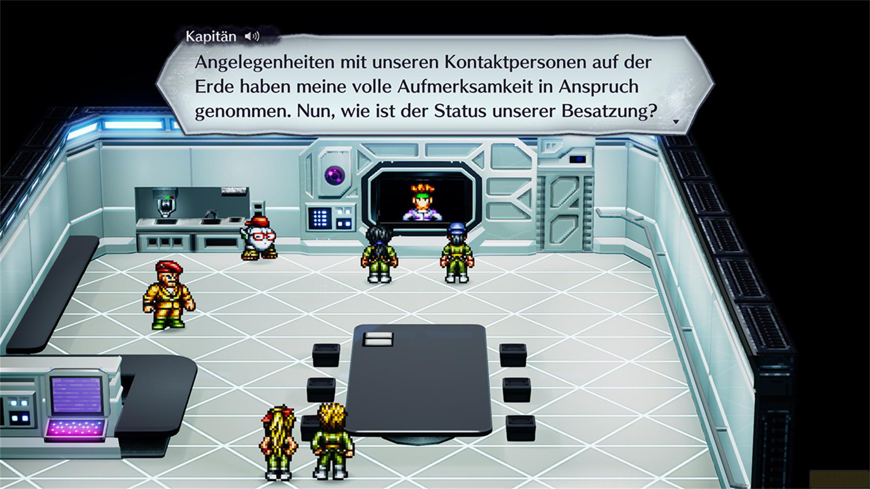 Pixel-Charaktere in einem Raumschiff-Kontrollraum mit einem Bildschirm.