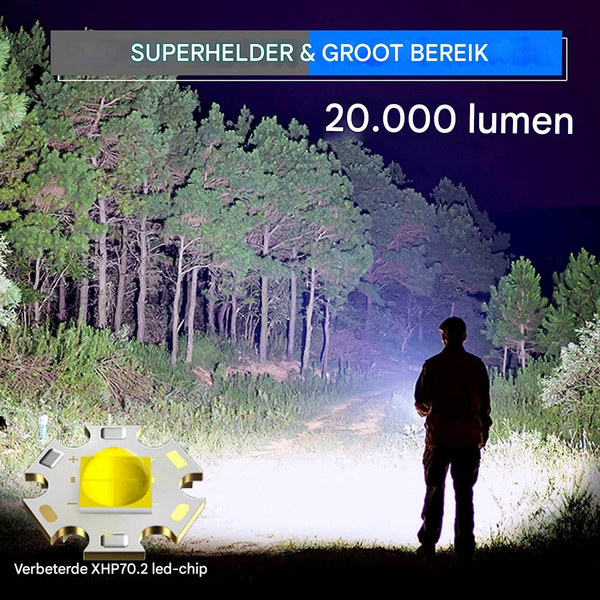 Mann im Wald bei Nacht, beleuchtet von einer hellen Taschenlampe. LED-Chip-Nahaufnahme.