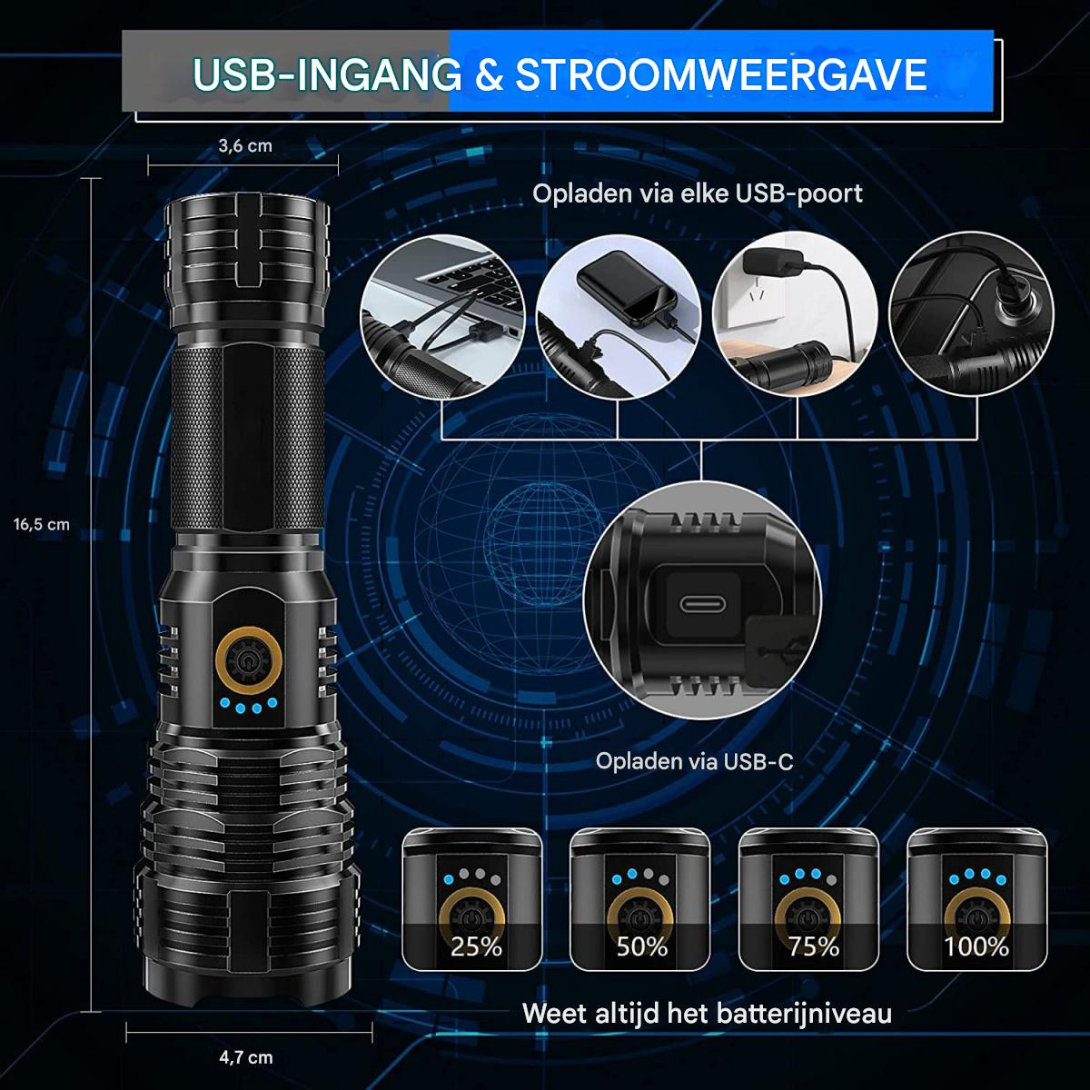 Schwarze Taschenlampe mit USB-Ladeanzeige und Ladeoptionen.