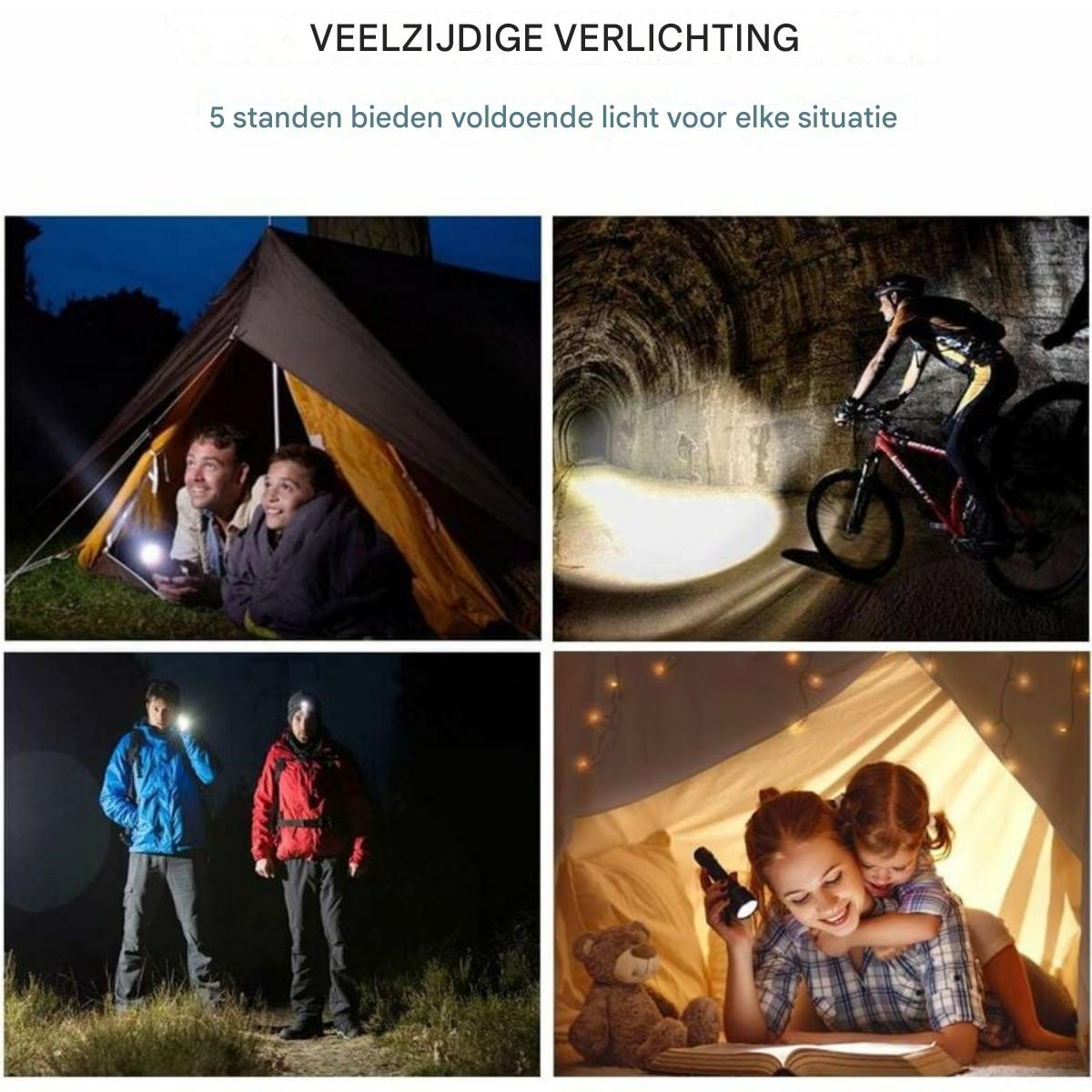 Vier Szenen: Menschen beim Camping, Radfahrer im Tunnel, Wanderer u. Mutter mit Kind im Zelt.