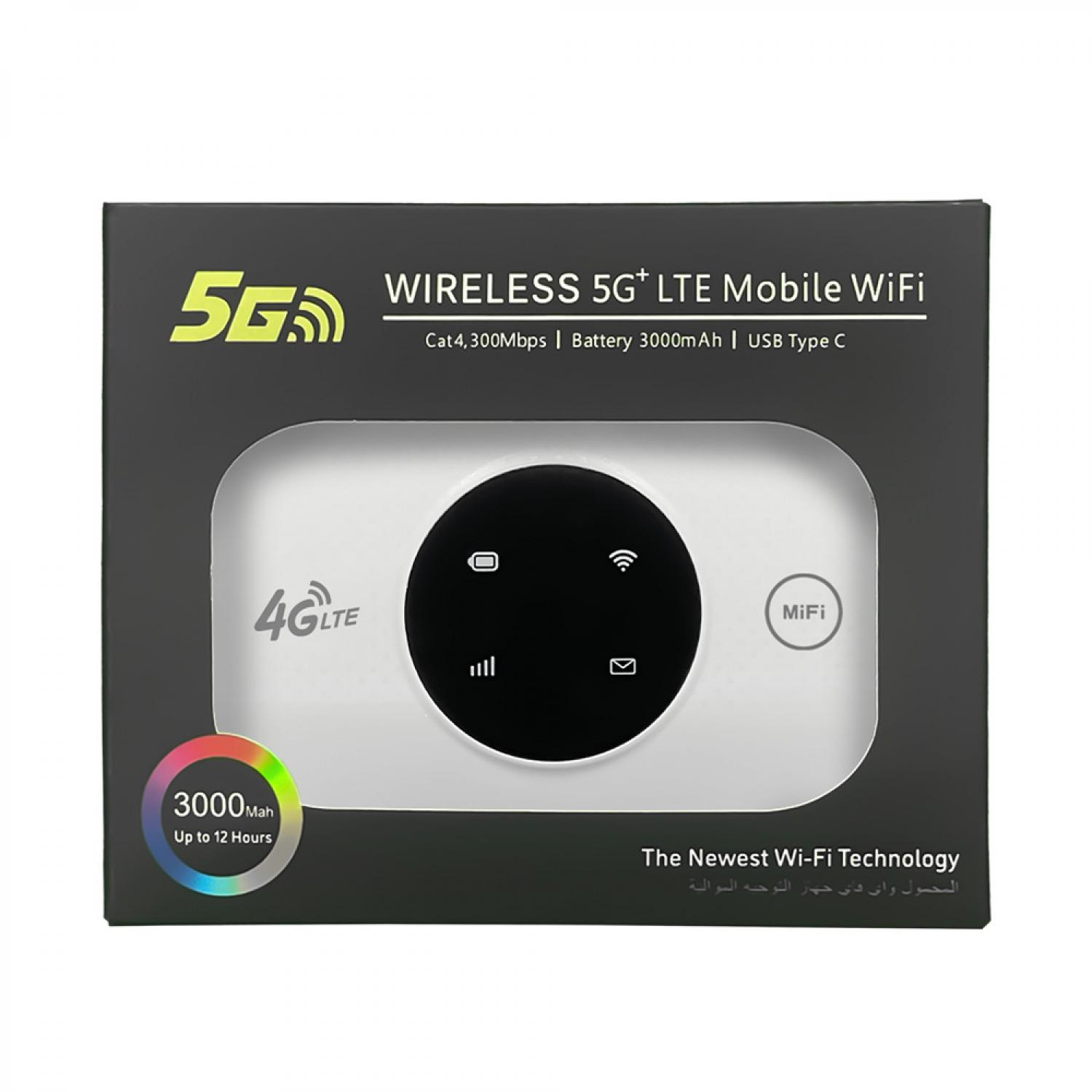 Verpackung eines mobilen 5G+ LTE WLAN-Geräts mit 3000-mAh-Akku.