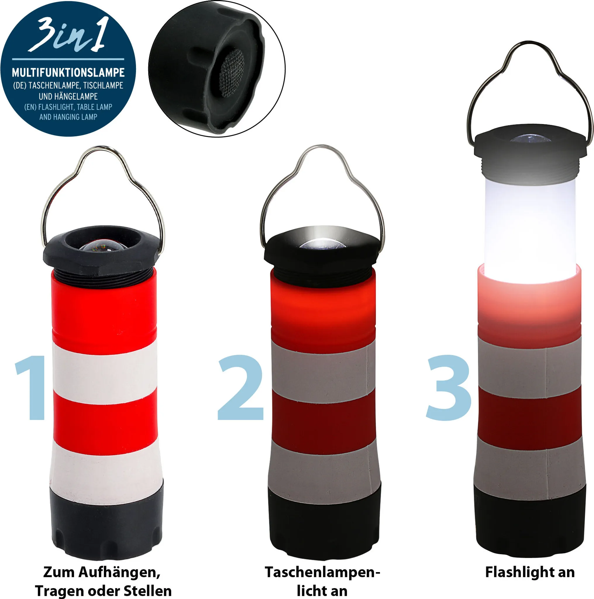 3 Lampen-Modi: Aufhängen, Tischlampe, Taschenlampe. Rot/weiß gestreift.