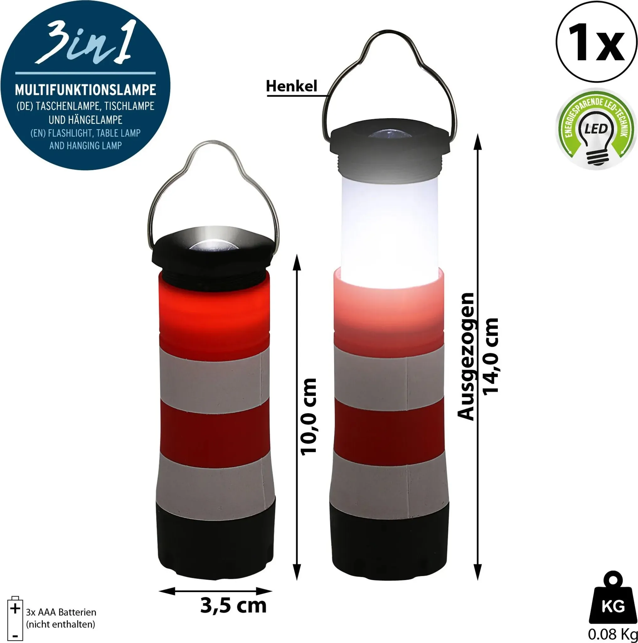 Zwei LED-Laternen, rot-weiß gestreift, eine ausziehbar. Maße und Gewicht angegeben.