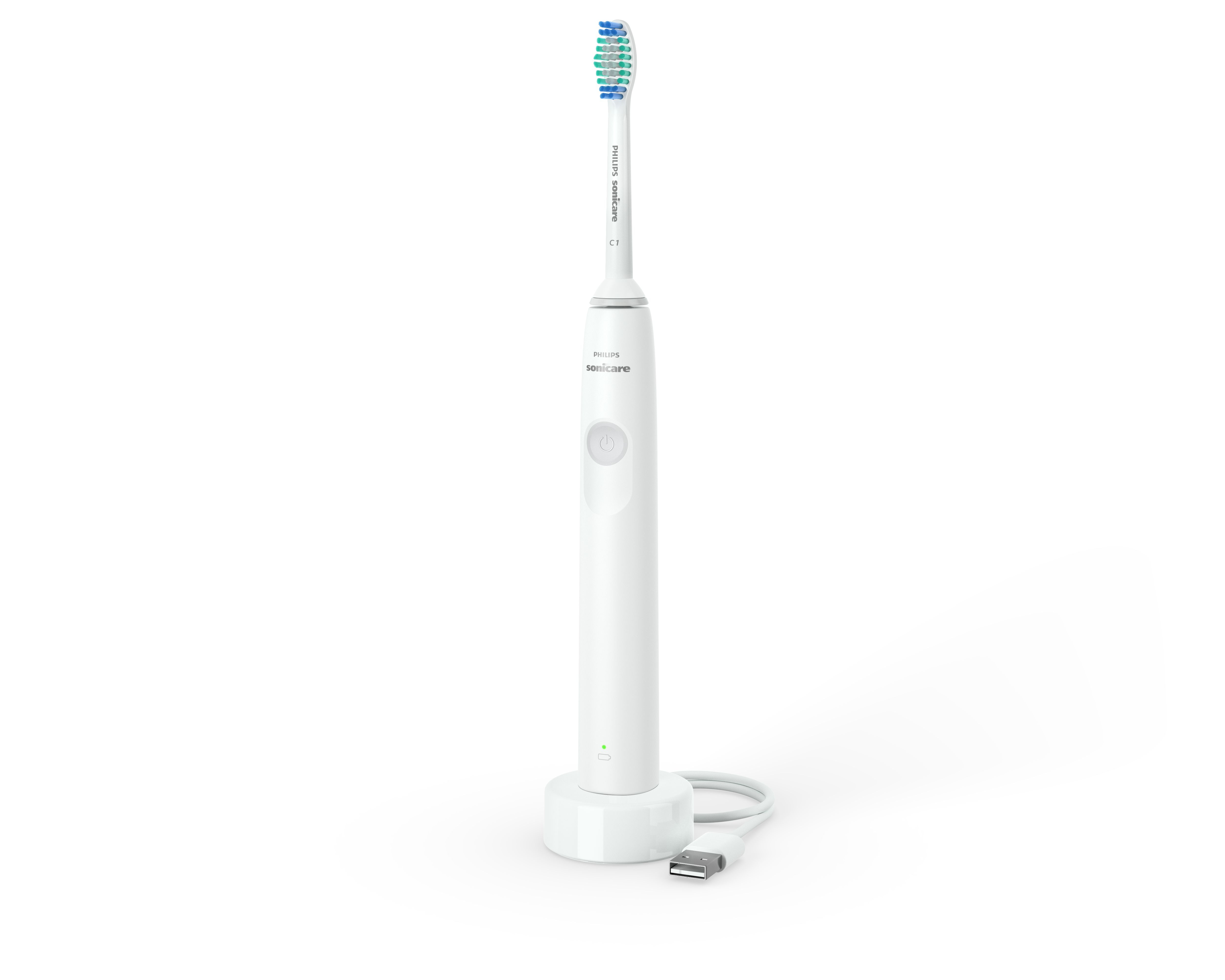 Biała elektryczna szczoteczka do zębów Philips Sonicare z bazą ładującą i kablem USB.