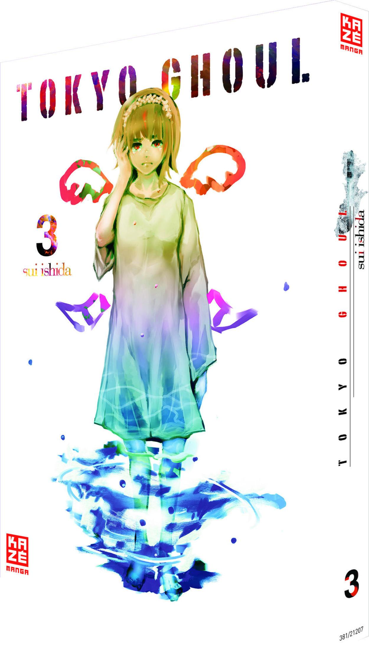 Manga-Cover: Mädchen mit leuchtenden Augen und Flügeln, umgeben von blauen und grünen Wellen.