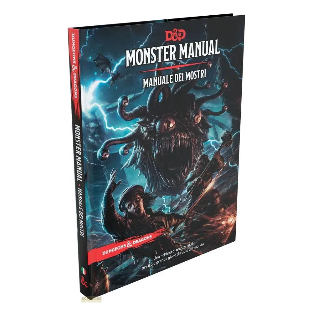 D&D Monster Manual Buchcover mit Beholder und Kämpfern vor Blitzeinschlägen.