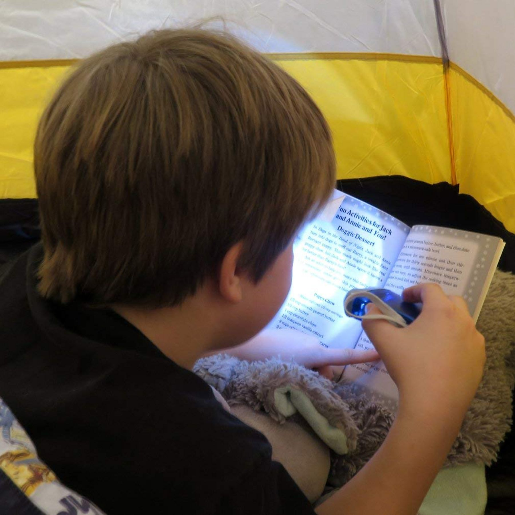 Ein Junge liest ein Buch in einem Zelt mit einer Taschenlampe.