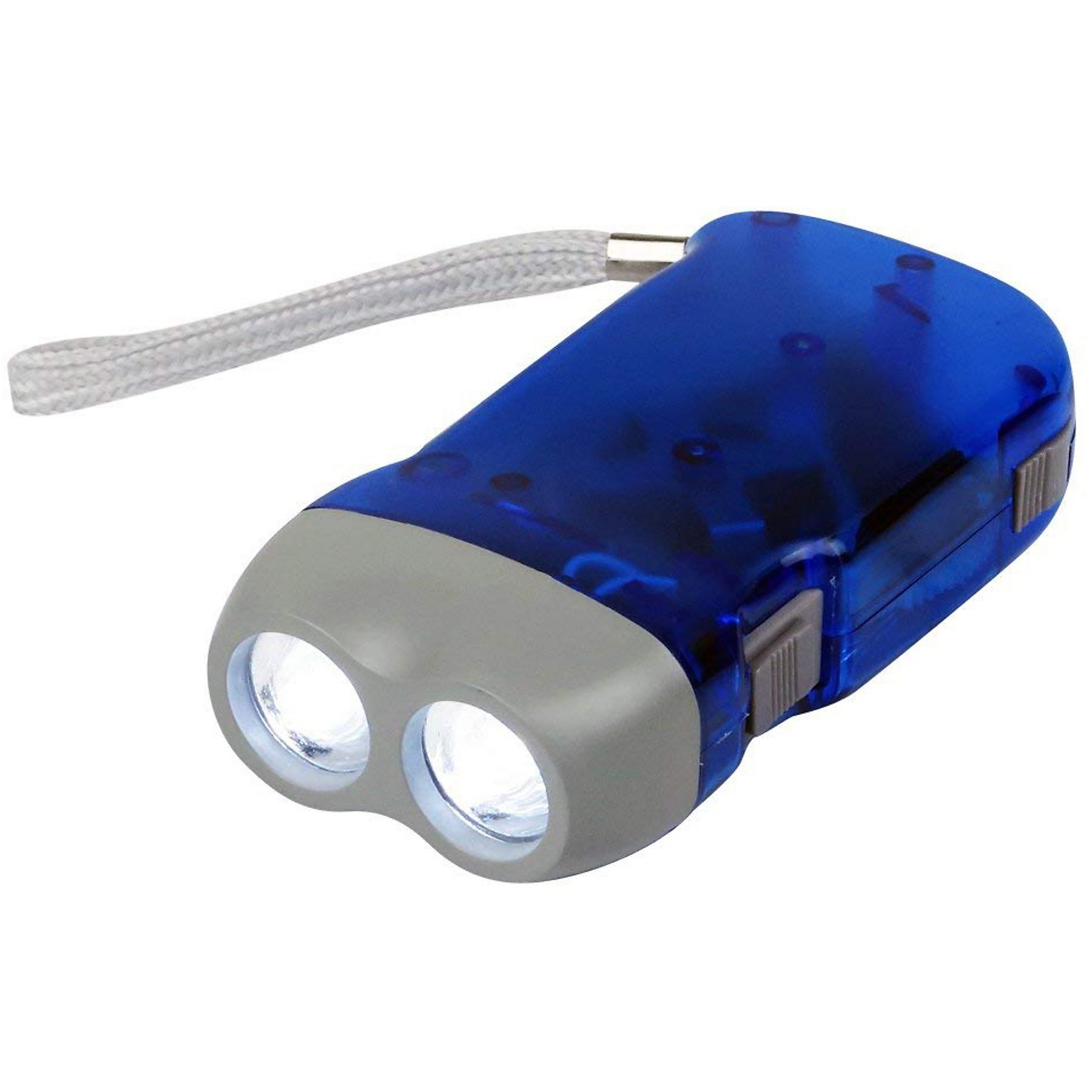 Eine blaue Handkurbel-Taschenlampe mit zwei Lichtern und einem grauen Griff.