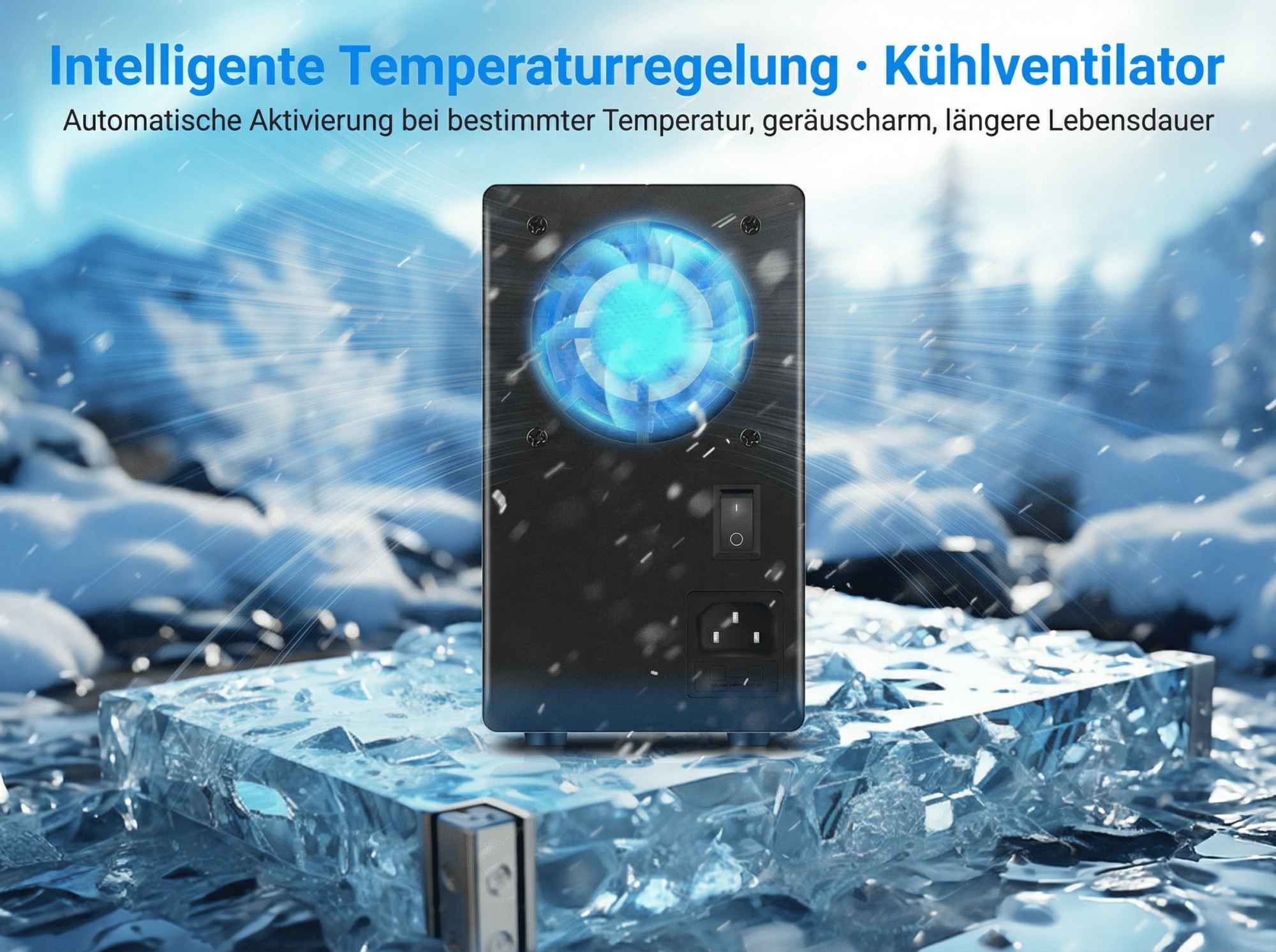 Ein Kühlerlüfter steht auf Eis. Blaue Lichter strahlen.