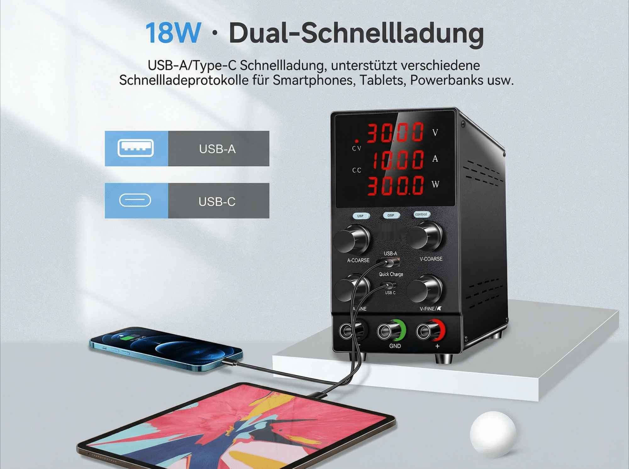 Ein Netzteil lädt ein iPhone und ein Tablet mit USB-C.