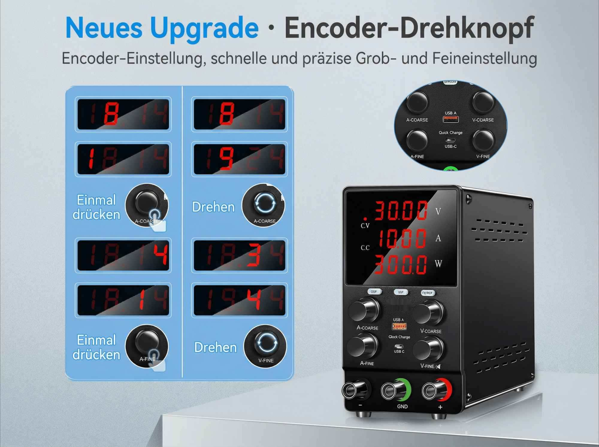 Digitalanzeige mit Knöpfen für Stromversorgungseinstellungen: Spannung, Strom, Leistung.