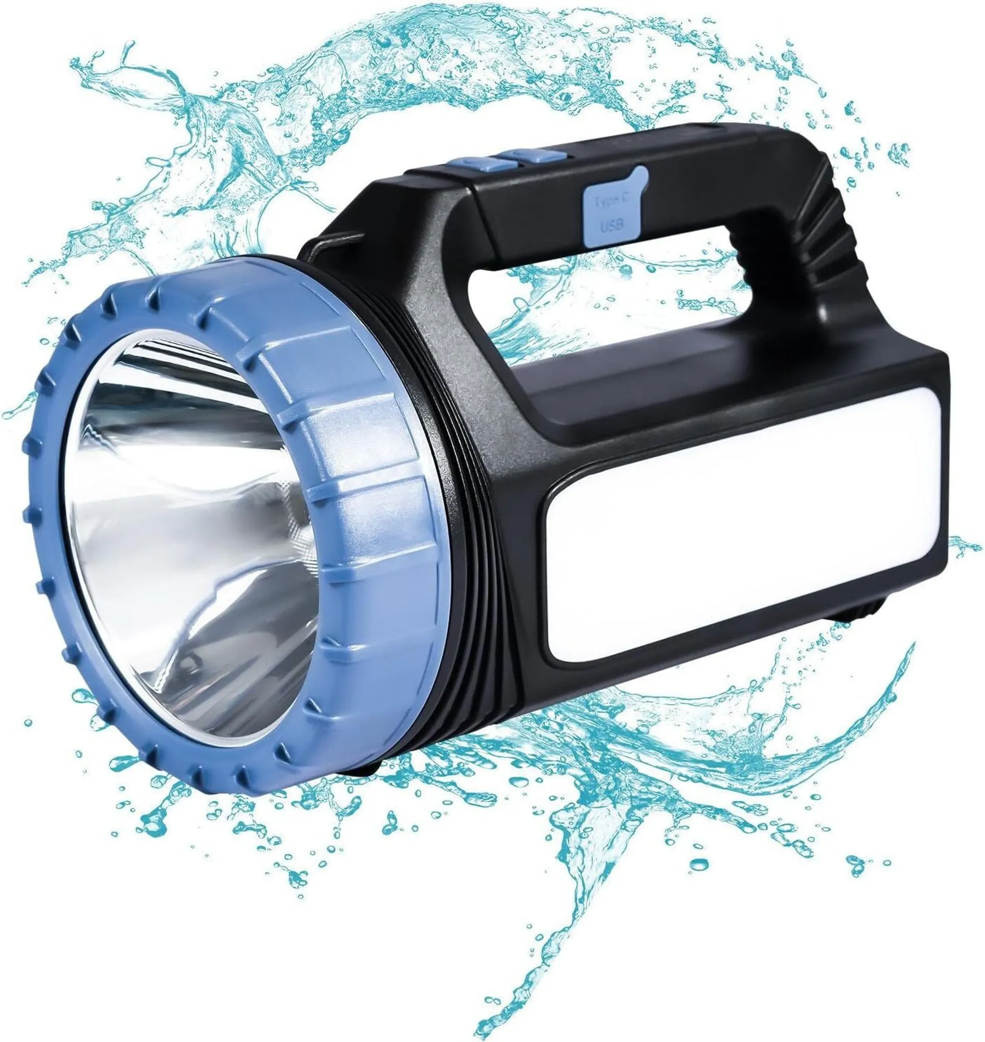 Schwarze und blaue Taschenlampe mit Wasserspritzern, Typ C USB-Anschluss.