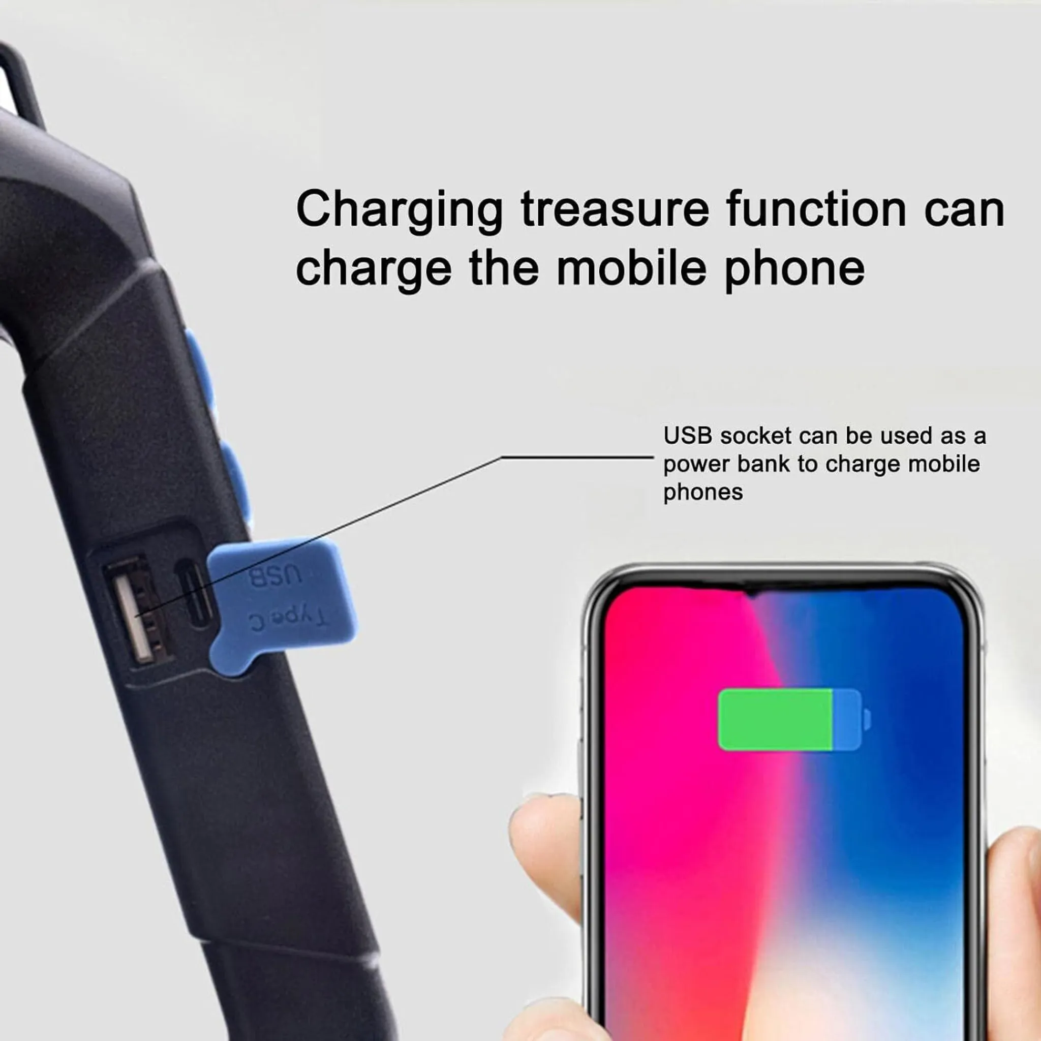 Ein schwarzes Gerät mit USB-Anschlüssen und ein Handy mit Ladeanzeige.