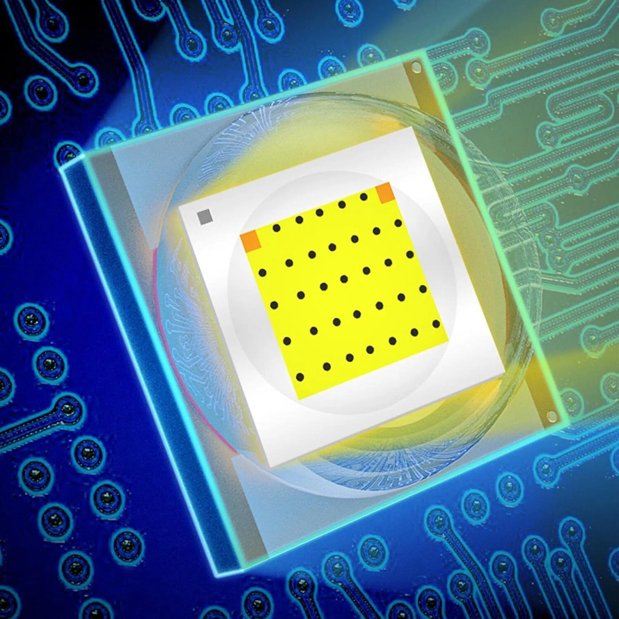 Ein gelbes Quadrat mit schwarzen Punkten auf einem Computerchip auf einer Leiterplatte.