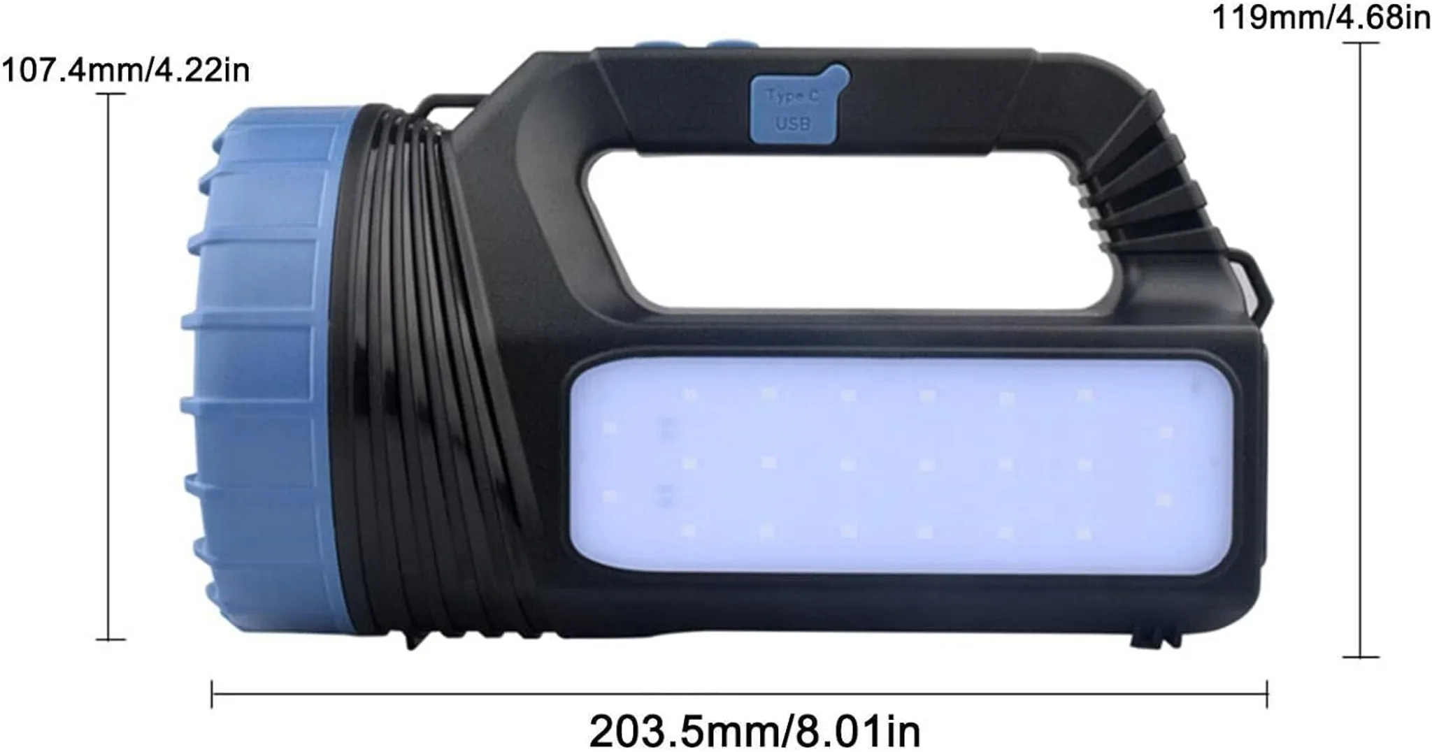 Eine schwarze Taschenlampe mit blauem Kopf und großer LED-Fläche.