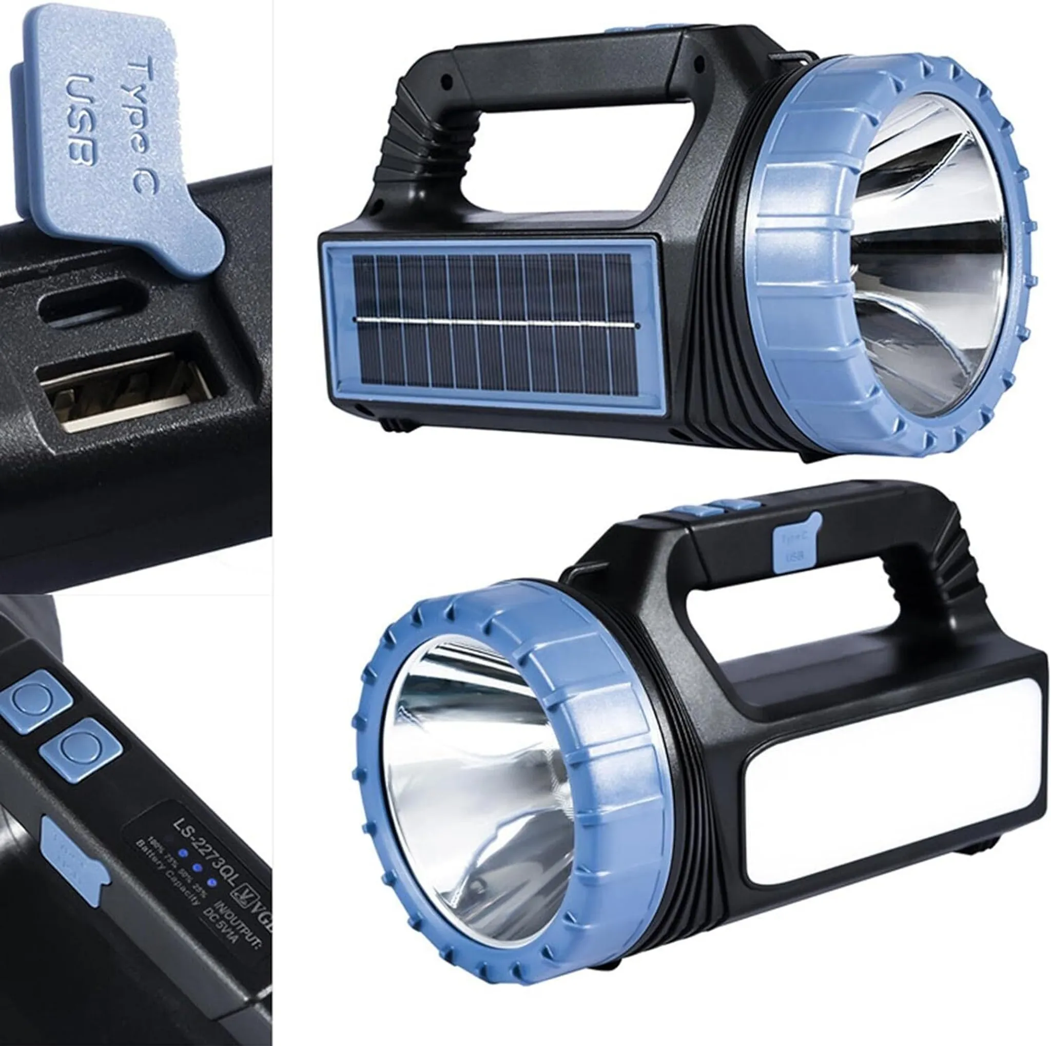 Ein schwarzer und blauer Taschenlampen-Scheinwerfer mit Solarpanel und USB-Anschluss.
