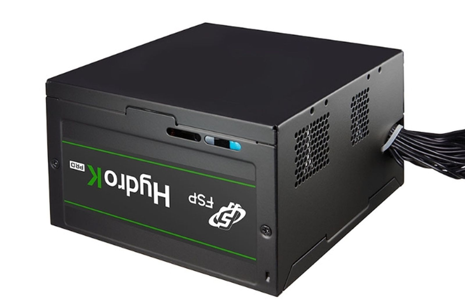 Czarny zasilacz z zielonym napisem "FSP Hydro PRO" i kablami.
