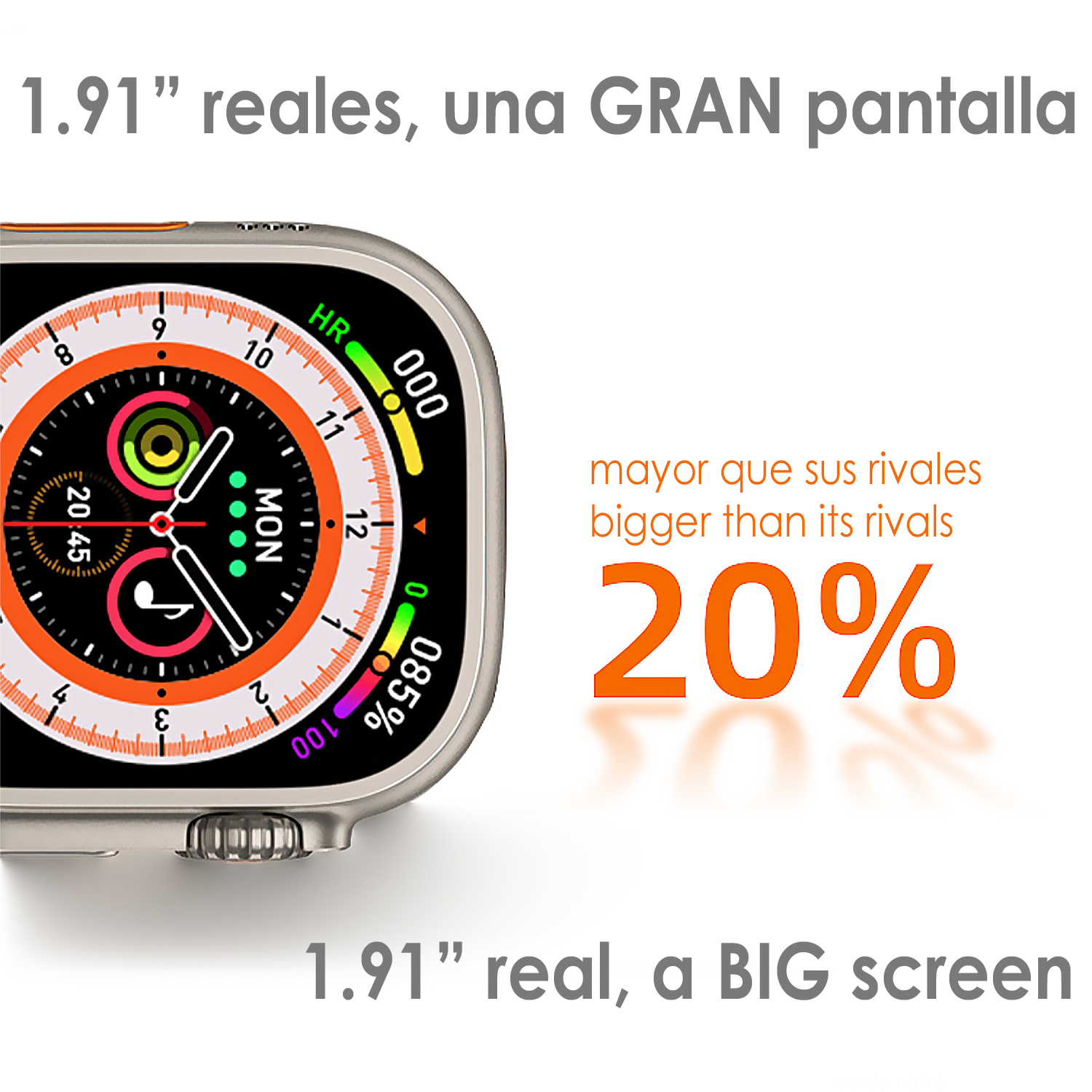 Un smartwatch plateado con pantalla grande mostrando 85% de carga.