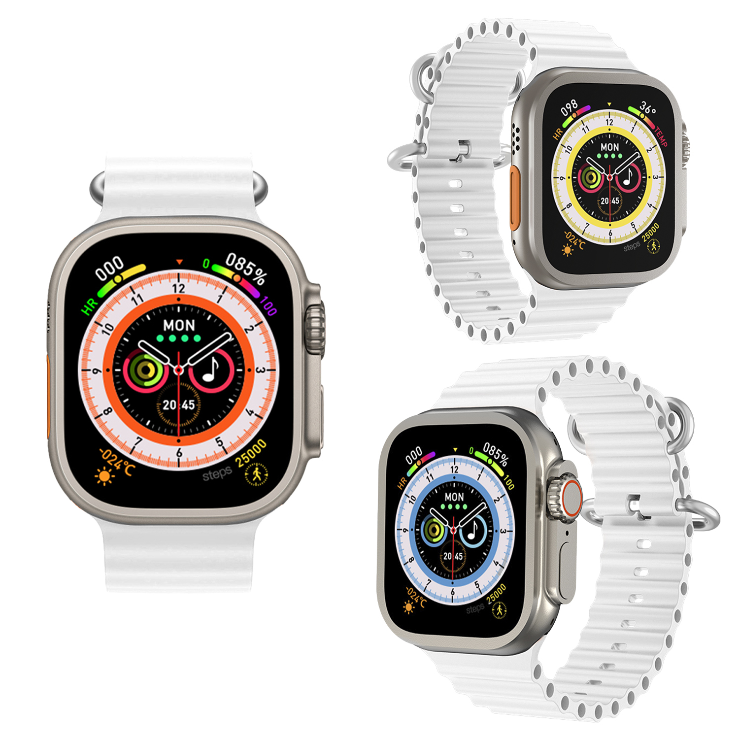 Tres relojes inteligentes con correas blancas sobre fondo blanco. Muestra diferentes esferas.