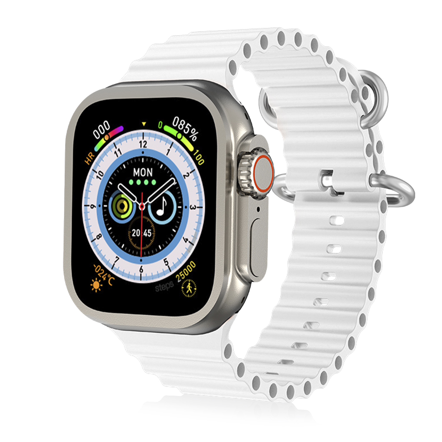 Reloj inteligente plateado con banda blanca, muestra 085% y 25000 pasos.