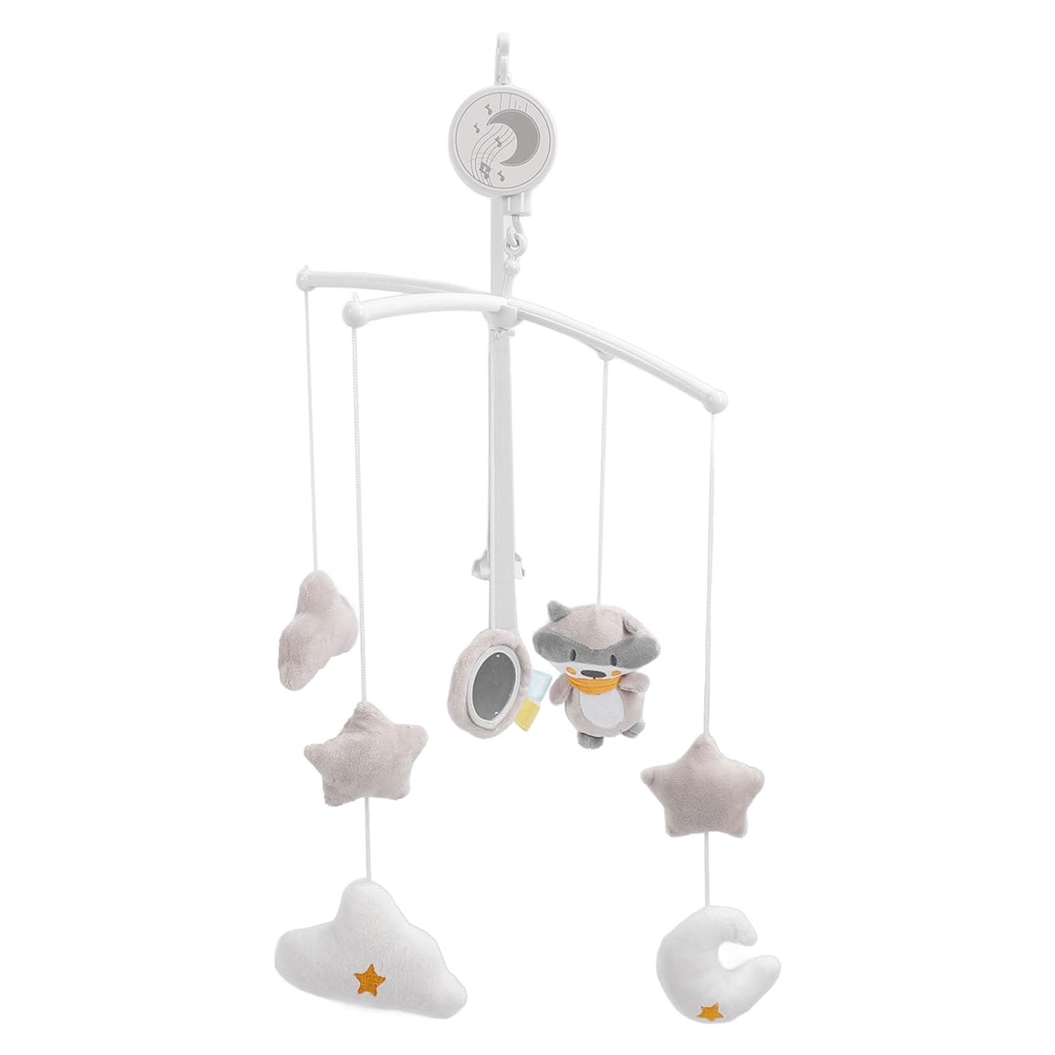 Ein weißes Baby-Mobile mit Sternen, Wolken, Mond und Waschbären-Anhänger.