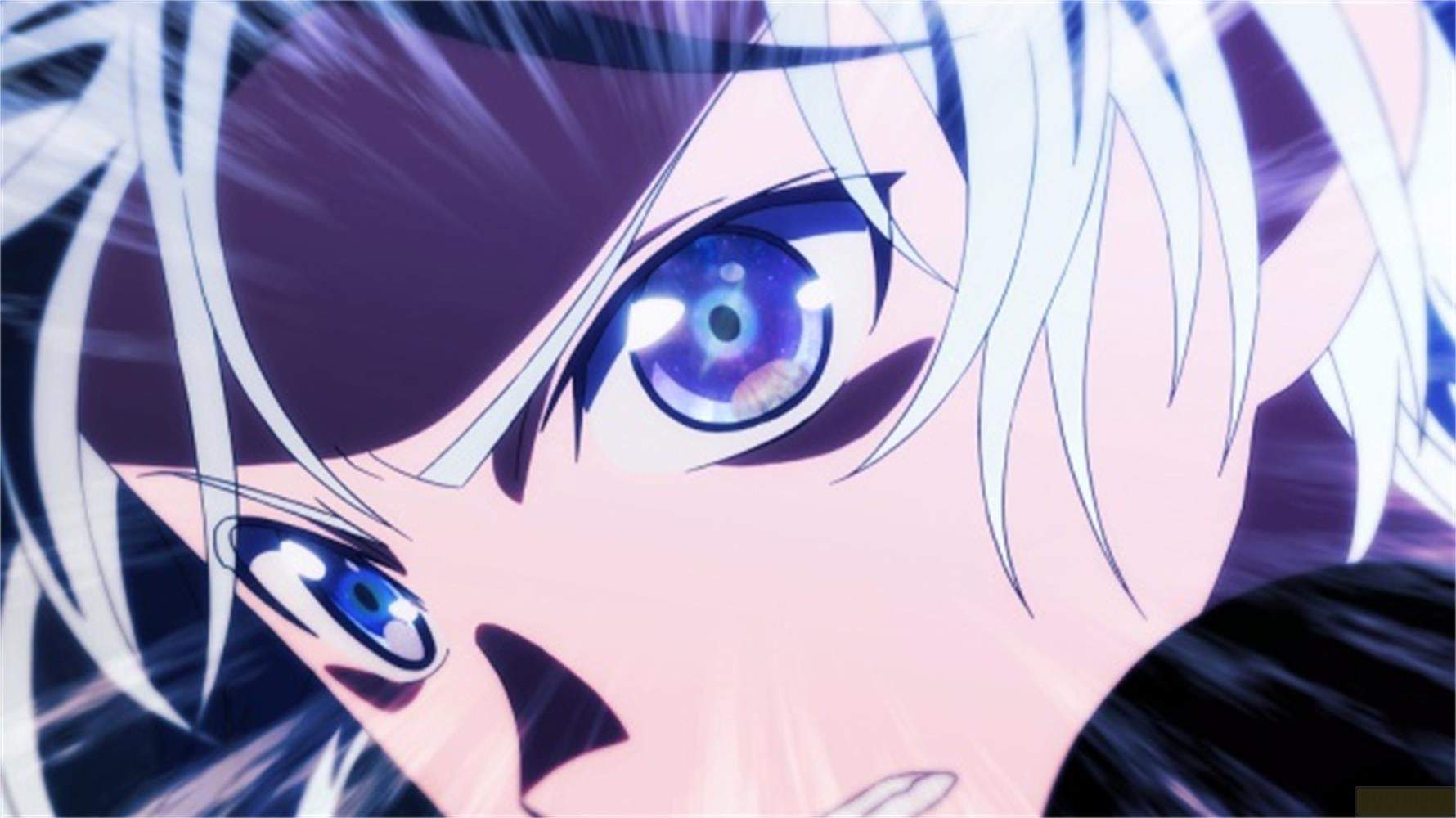 Primo piano di un personaggio anime con capelli bianchi e occhi blu cosmici.