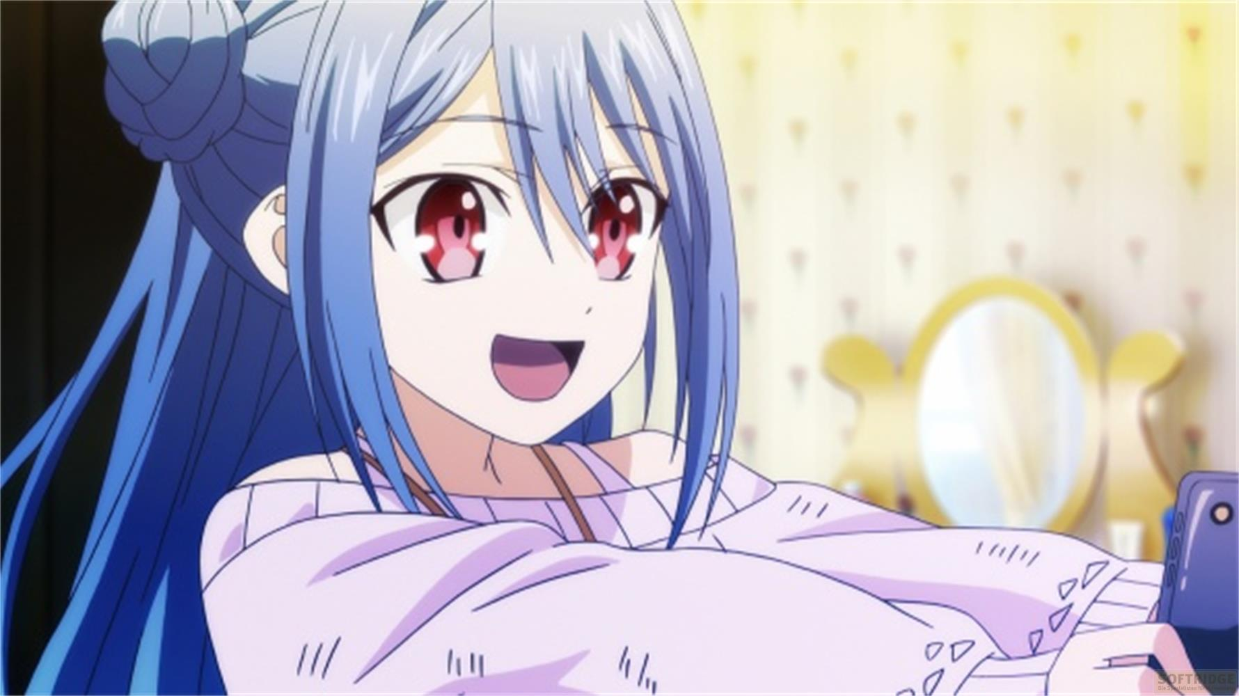 Ragazza anime con capelli blu e occhi rossi sorride tenendo un cellulare.