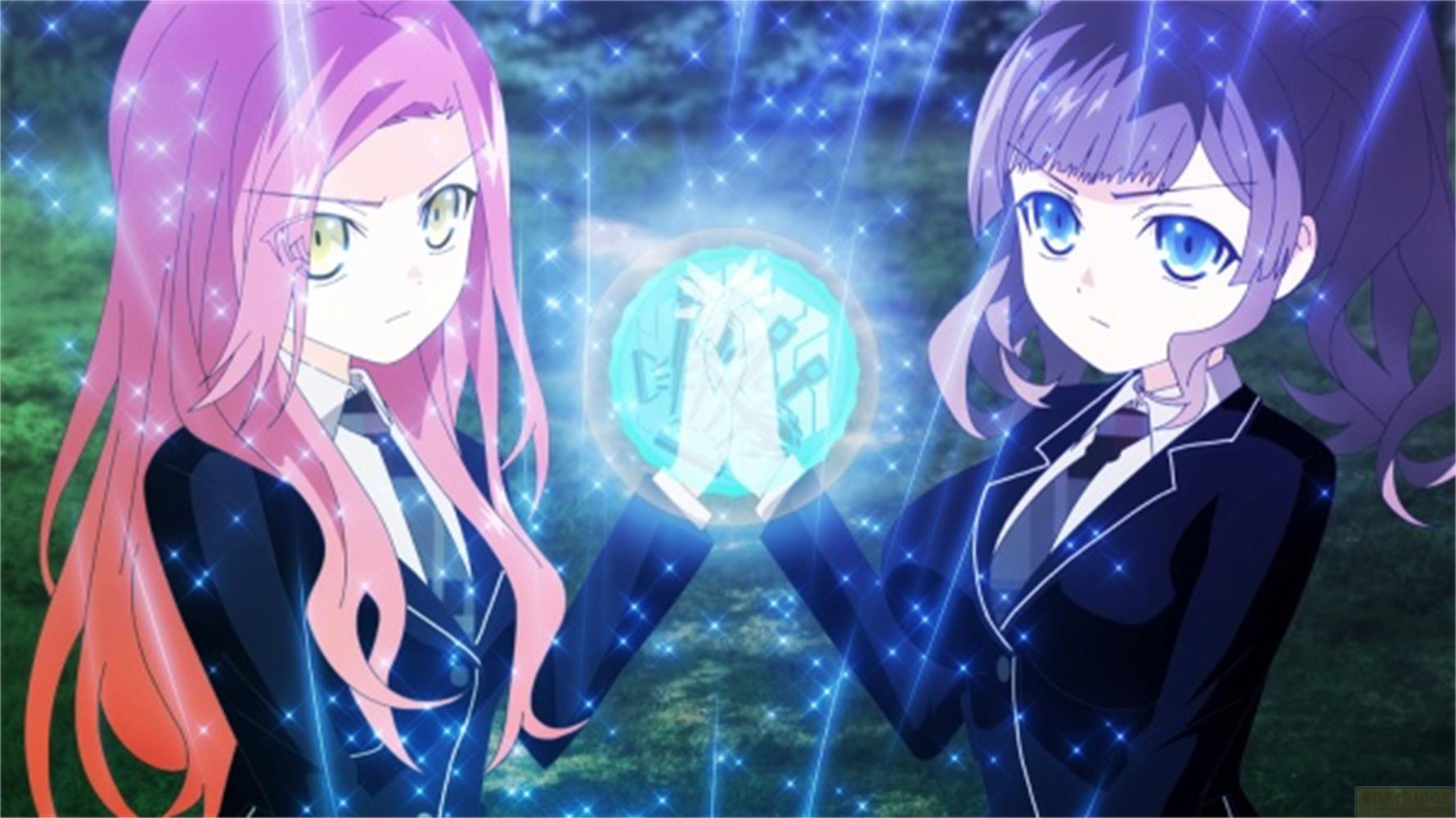 Due ragazze anime con capelli viola e blu tengono un globo di cristallo luminoso.