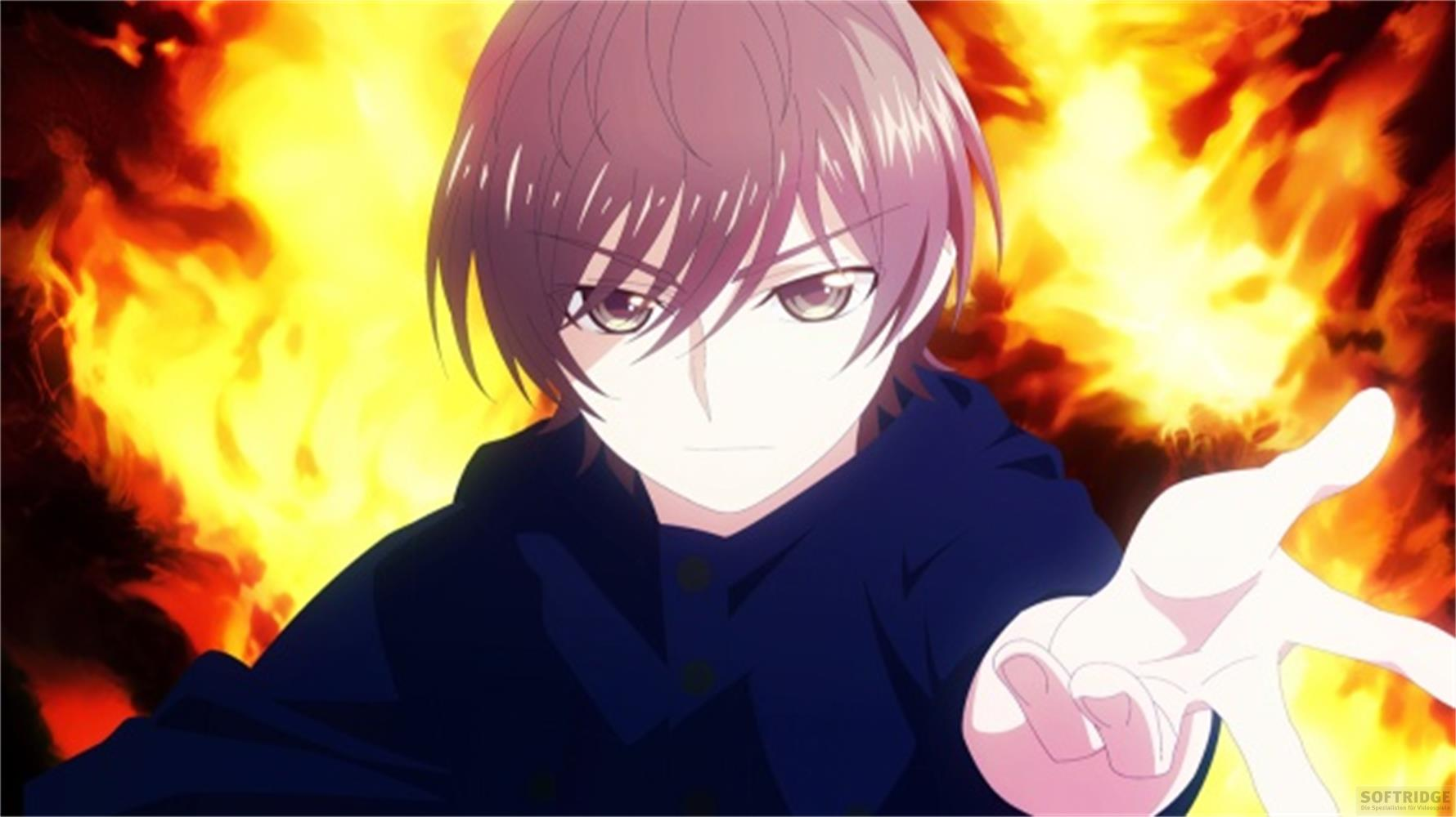 Un ragazzo anime con capelli castani e top scuro davanti a un fuoco.