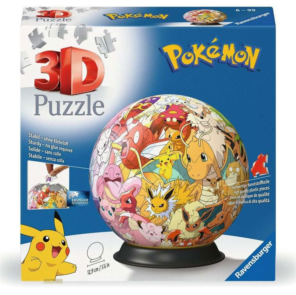 Pudełko z puzzlami 3D Ravensburger Pokémon z różnymi postaciami Pokémon na kuli.