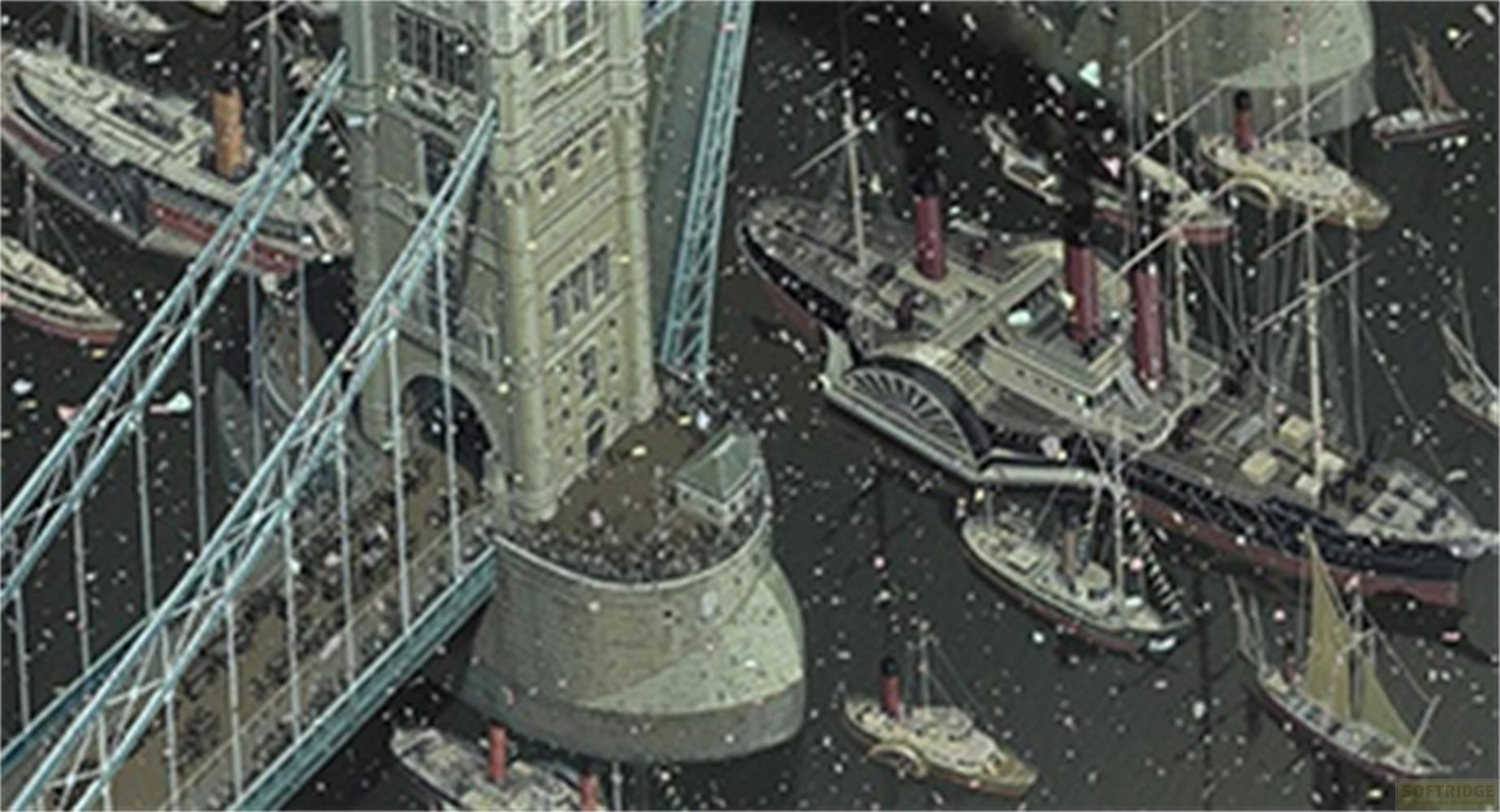 Navi a vapore e barche a vela in un porto vicino a un ponte innevato.