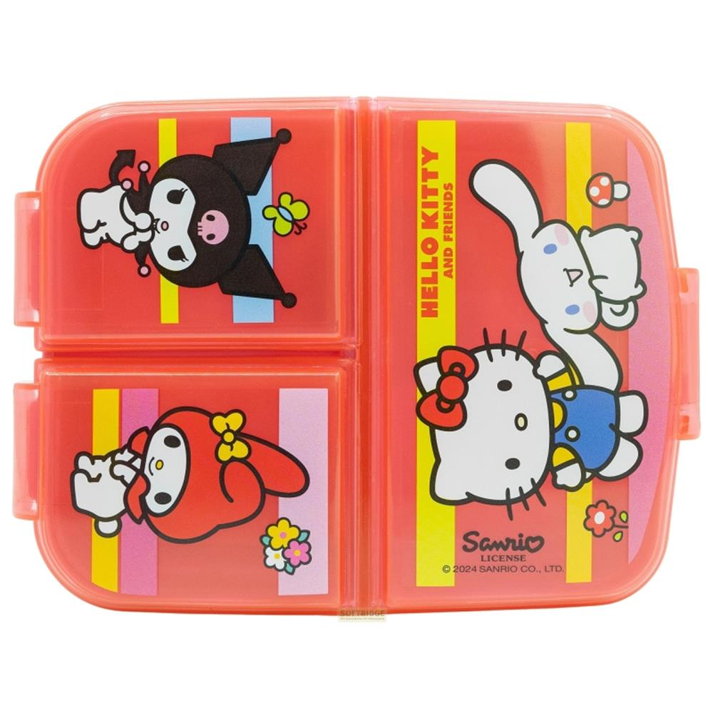 Rote Bento-Box mit Hello Kitty, My Melody und Kuromi.