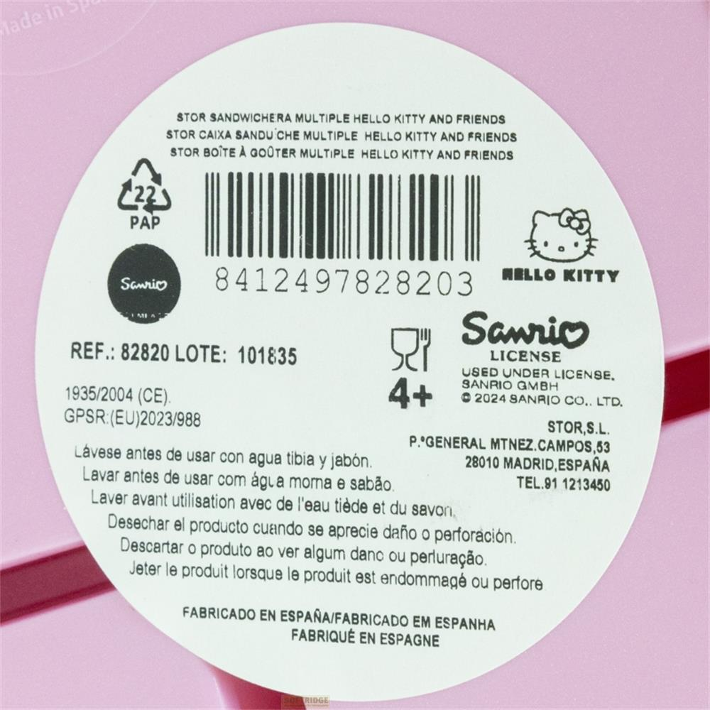 Verpackung mit Hello Kitty und Sanrio-Logo, Barcode, Warnhinweisen und Produktionsdetails.
