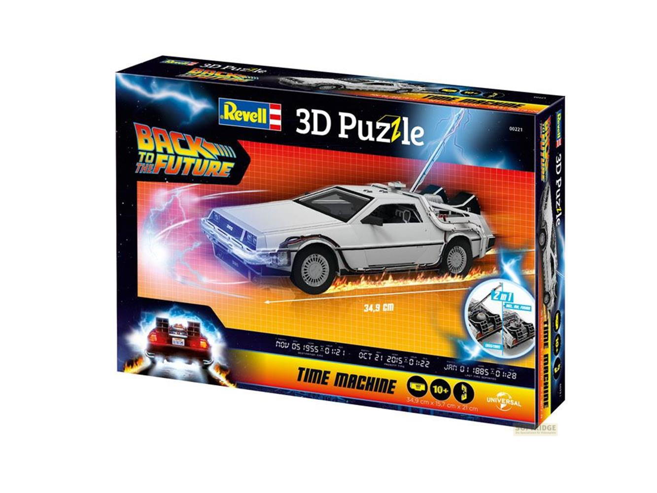 Puzzle 3D Revell "Powrót do przyszłości" DeLorean Wehikuł czasu, na pudełku.