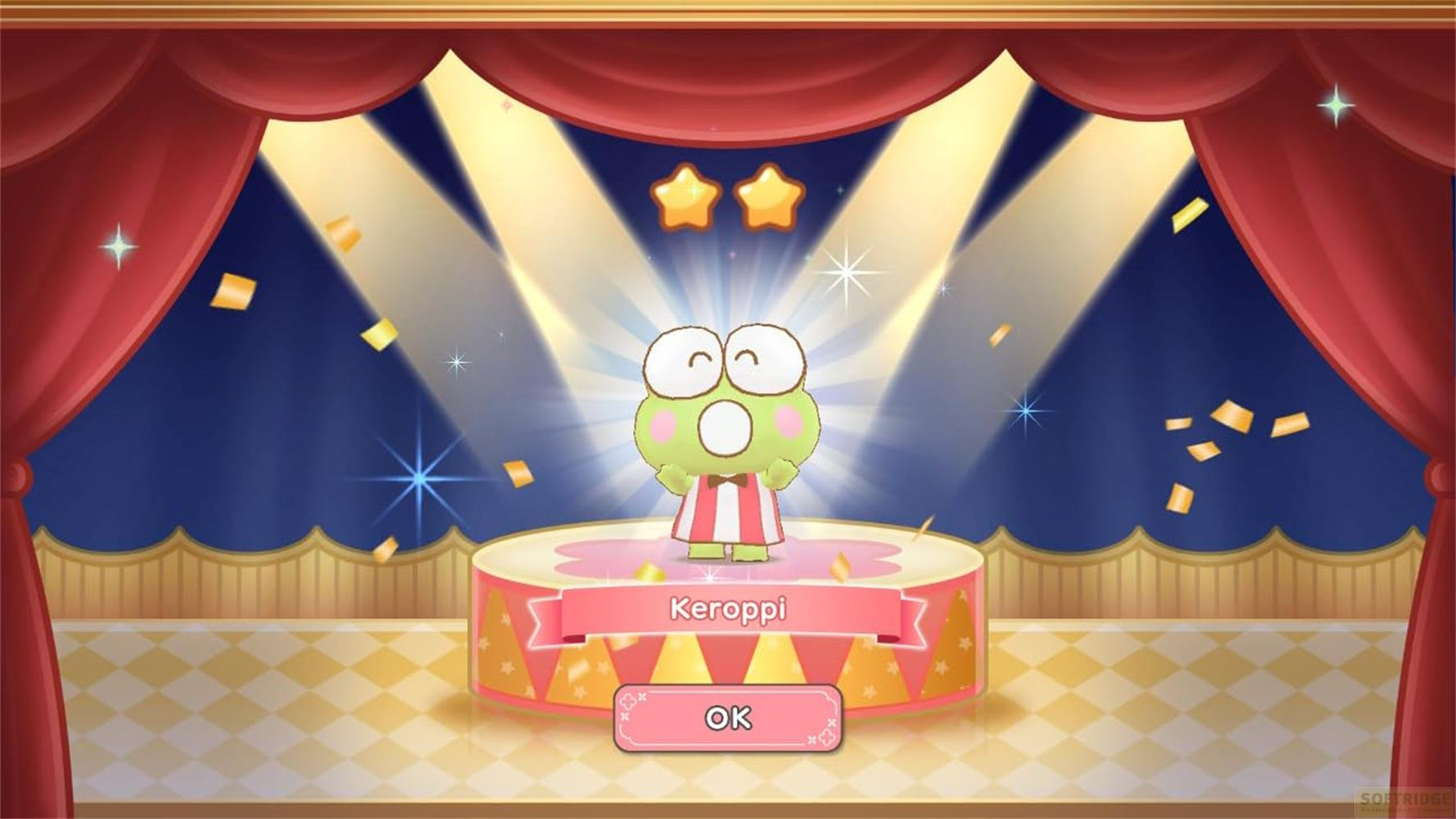 Keroppi steht auf einer Bühne unter Scheinwerfern mit Konfetti.