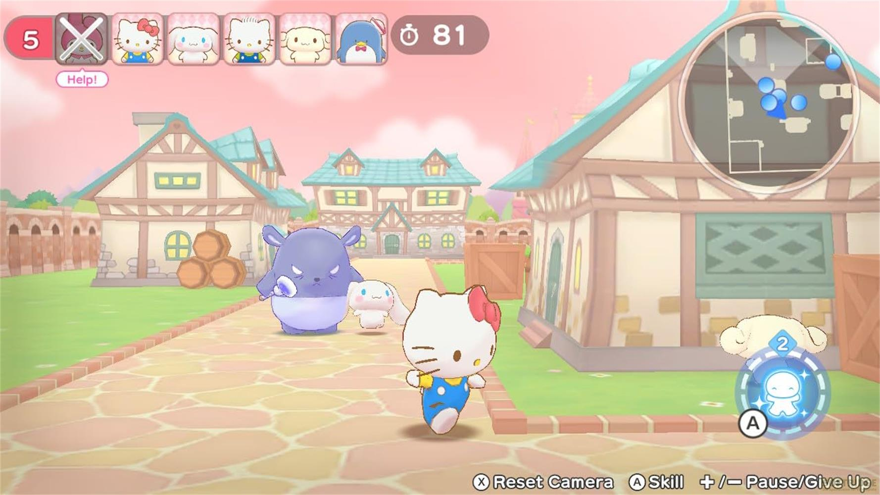 Hello Kitty und Freunde in einer Stadt mit lila Monstern und Häusern.