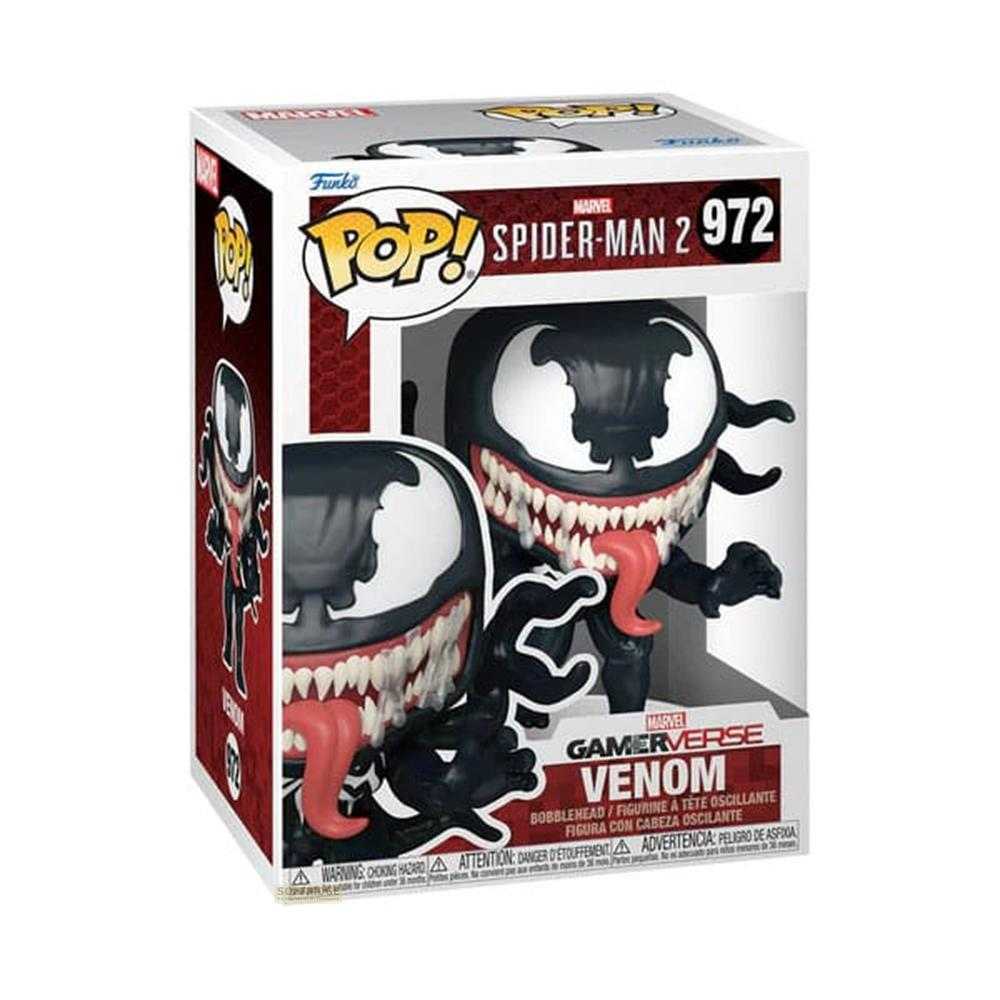 Action figure Funko Pop di Venom in scatola, con denti aguzzi e lingua.