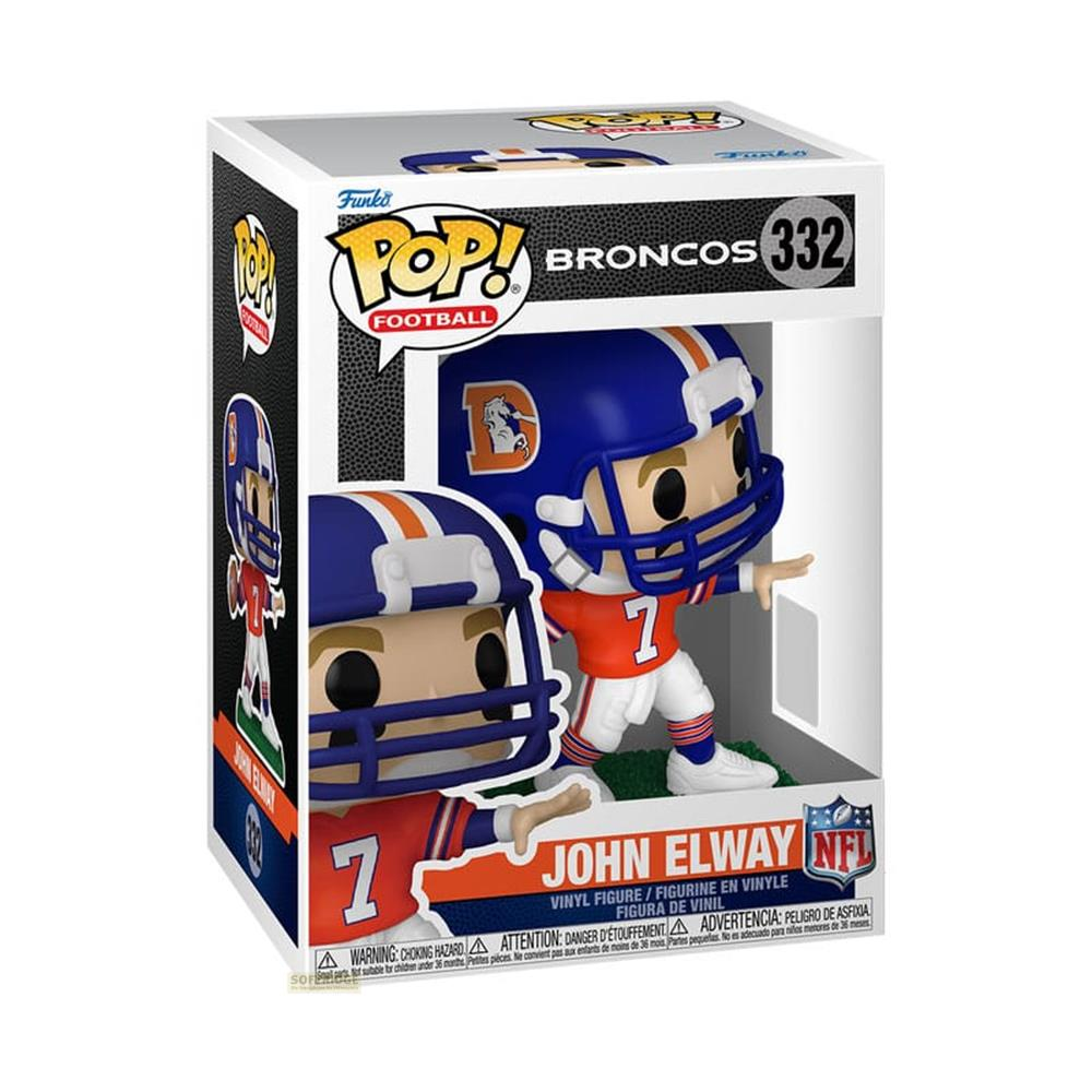 Funko Pop! John Elway Vinylfigur in Broncos-Uniform, mit blauer Kappe und orangefarbenem Trikot.
