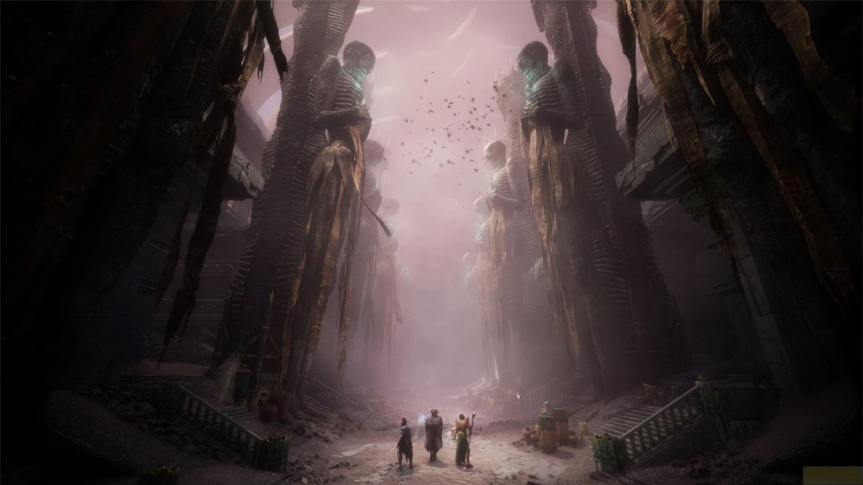Tres figuras ante estatuas gigantes en una arena antigua y neblinosa.