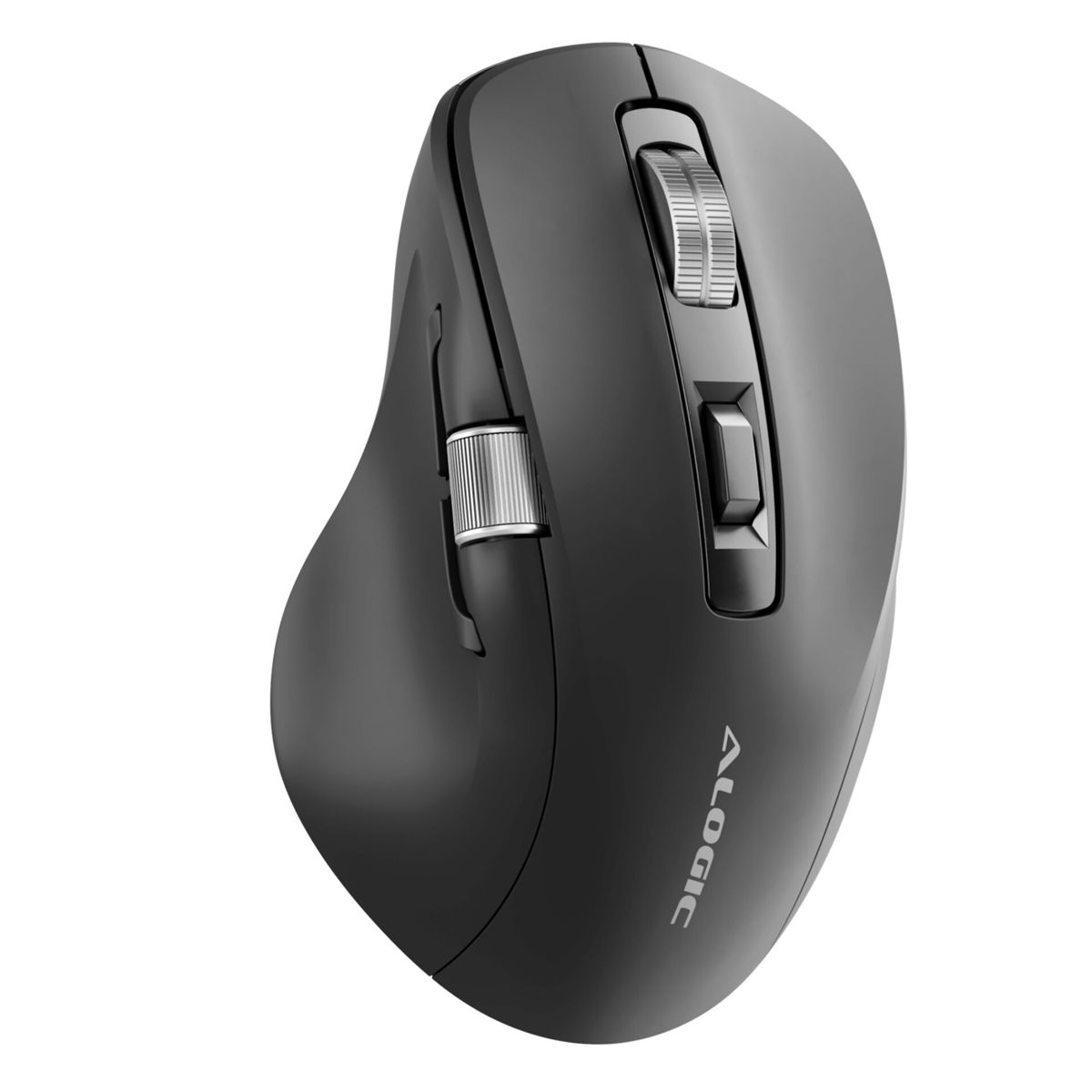 Schwarze ALOGIC Computermaus mit Scrollrad und silbernen Akzenten.